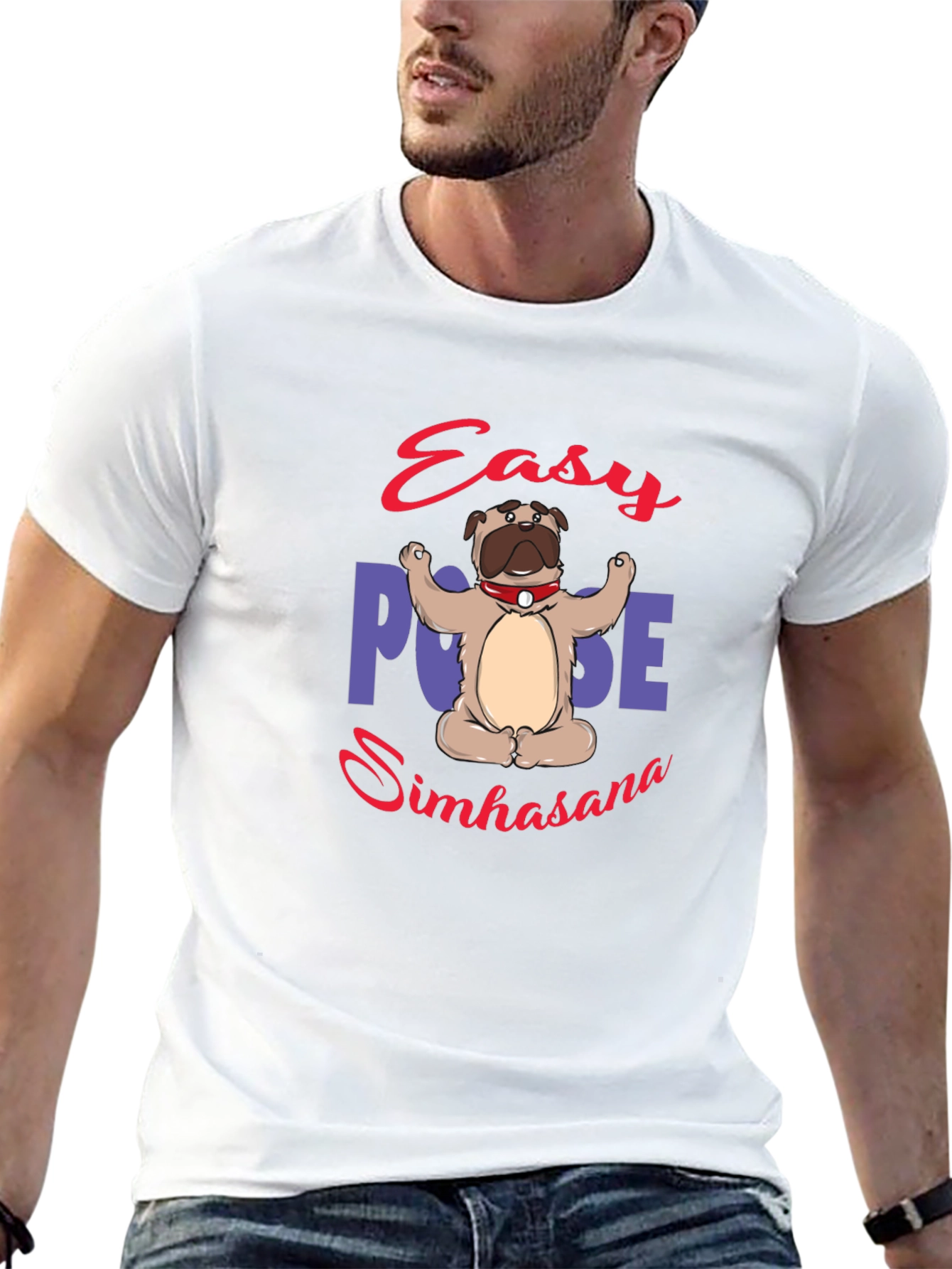 Yoga Pug Black T-Shirt - Easy Pose Simhasana
