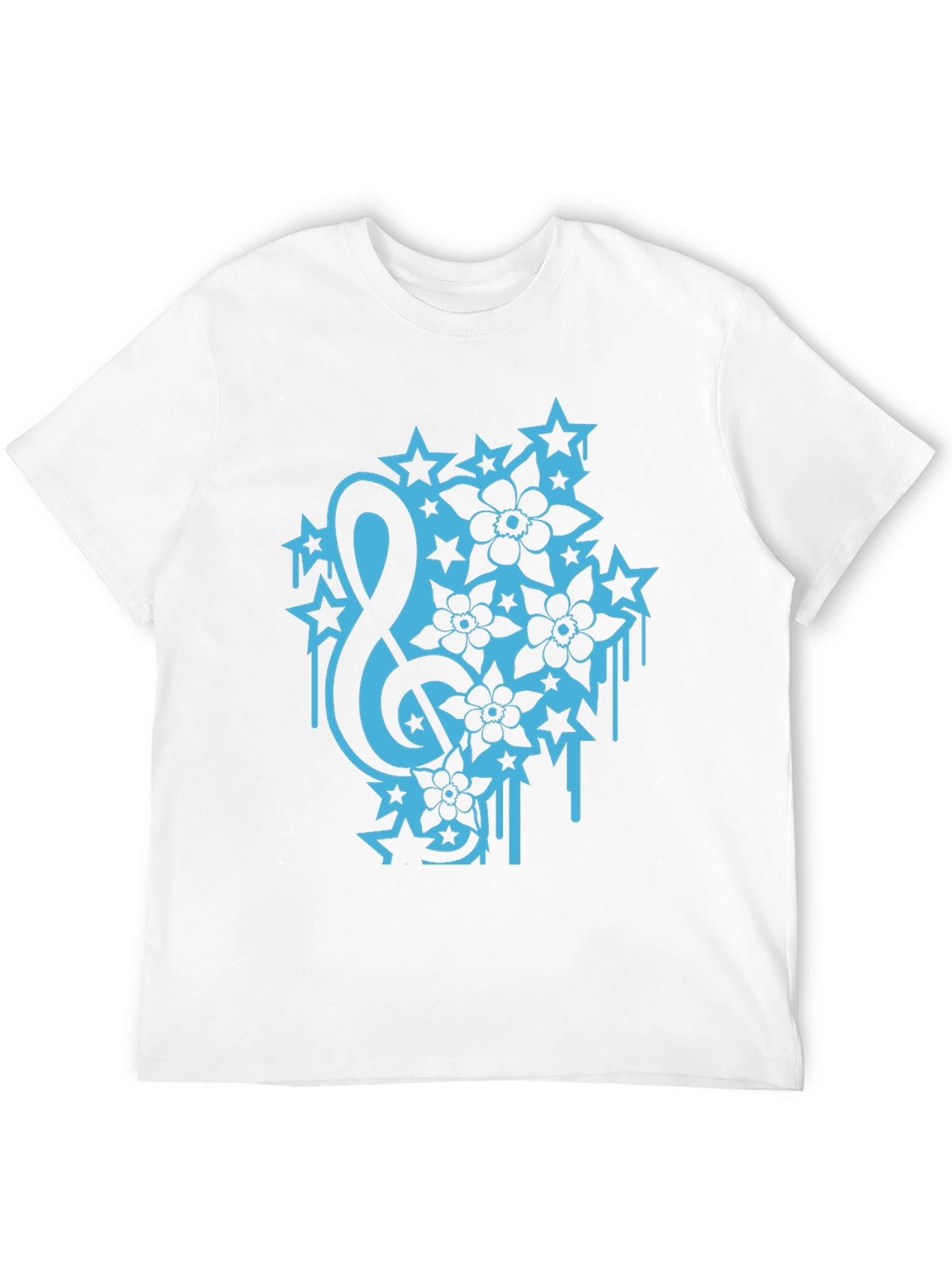 Black Tee with Treble Clef Stars & Flowers Graphic