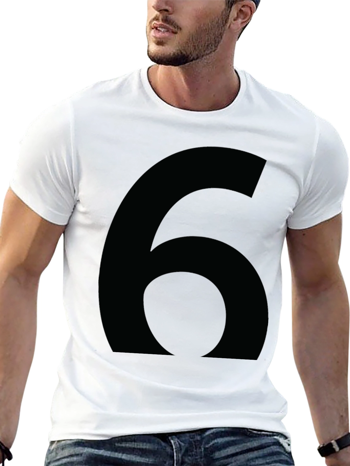 Mens Black T-Shirt with Large Number Six Graphic