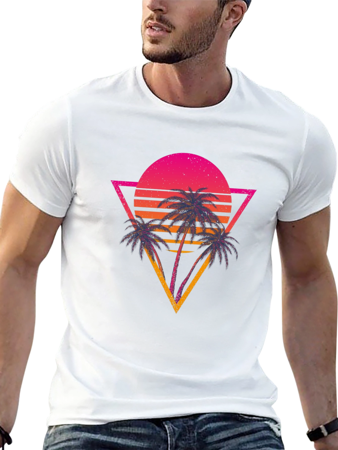 Retro Sunset Palm Tree Graphic Tee - Black