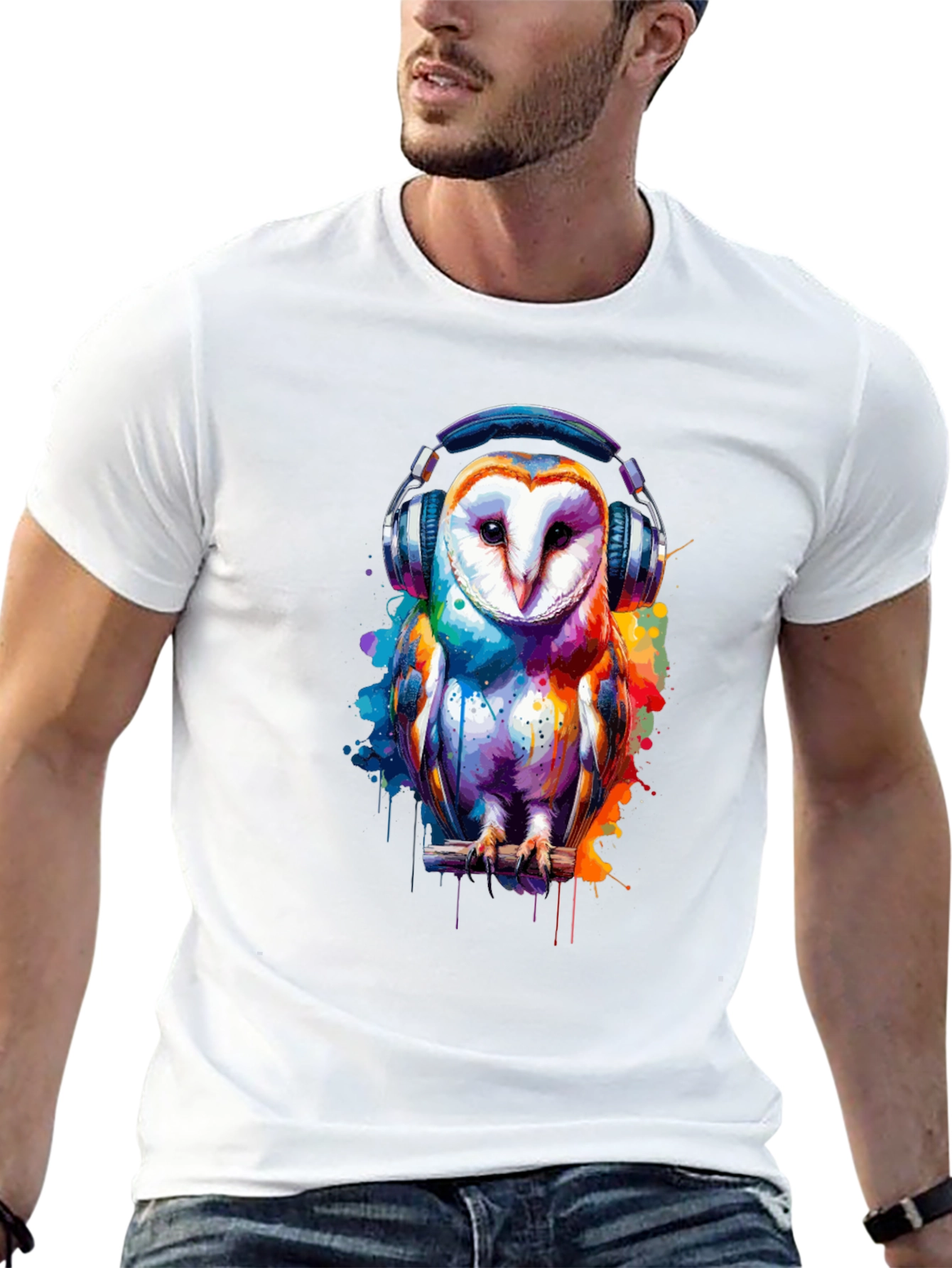 Owl with Headphones Graphic T-Shirt - Black
