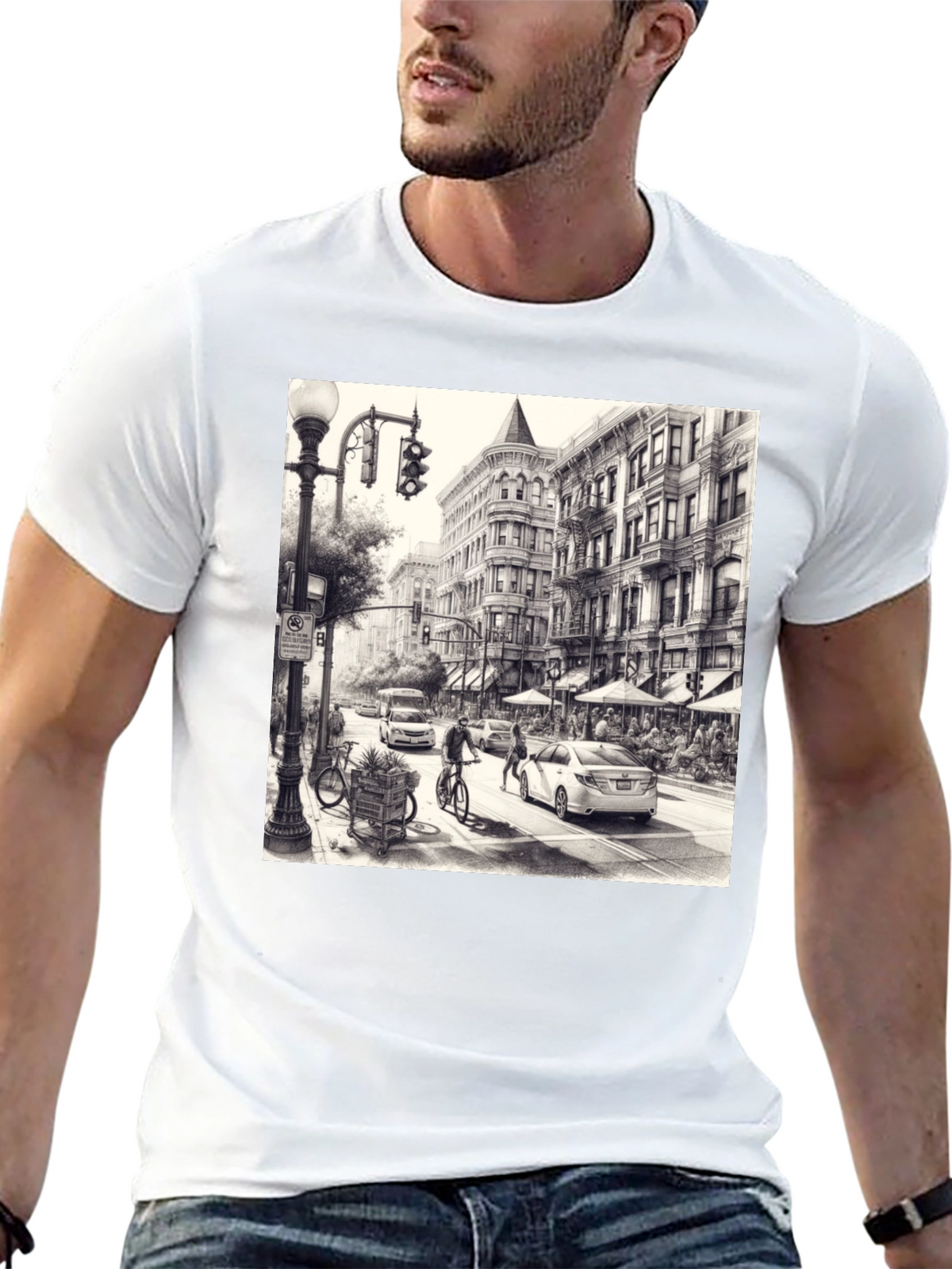 Urban Sketch Tee - Black Cotton Graphic T-Shirt