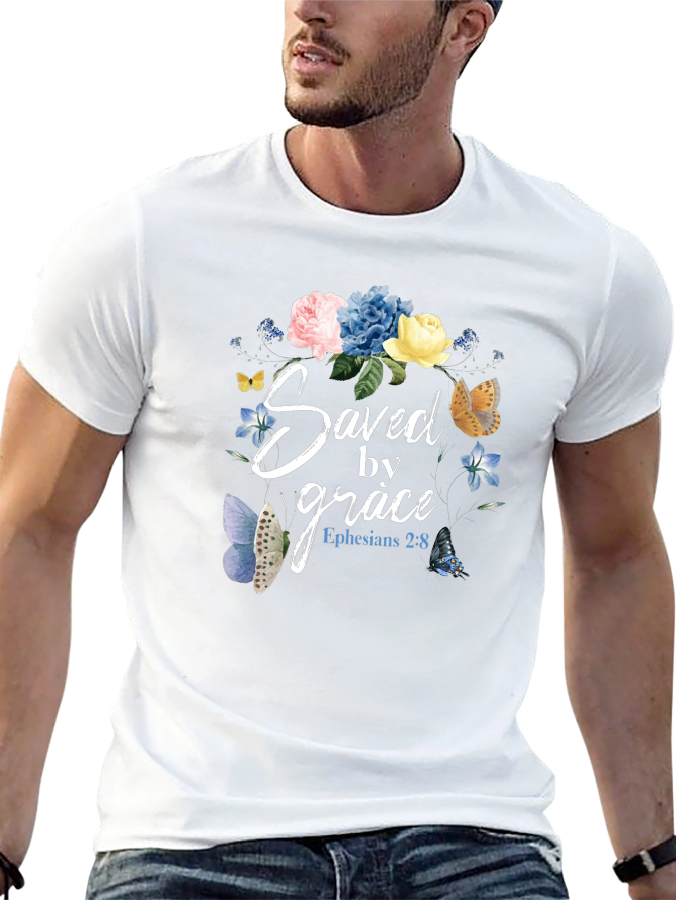 Saved by Grace T-Shirt - Floral Butterfly Design