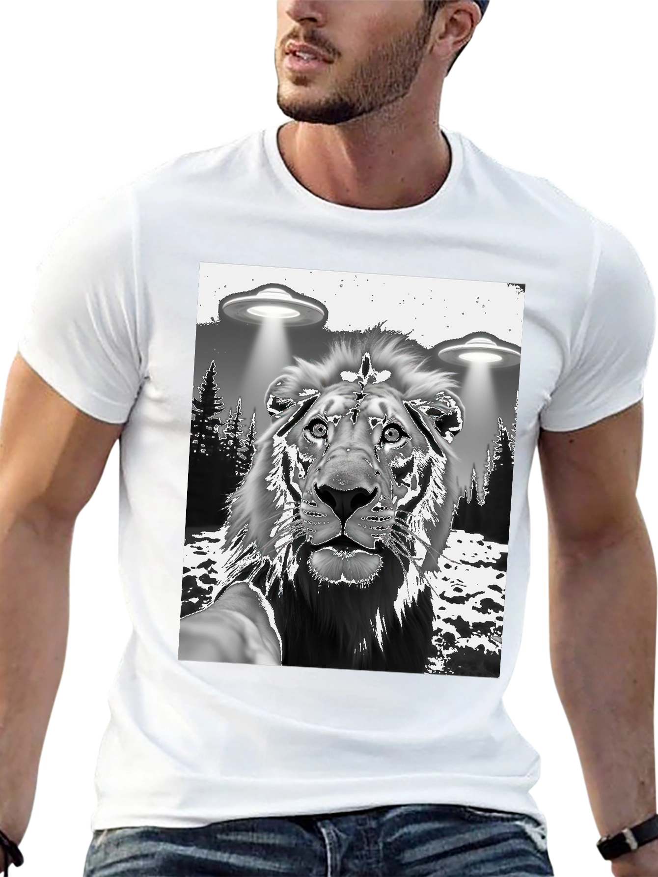 Lion Alien Abduction Graphic Tee - Black