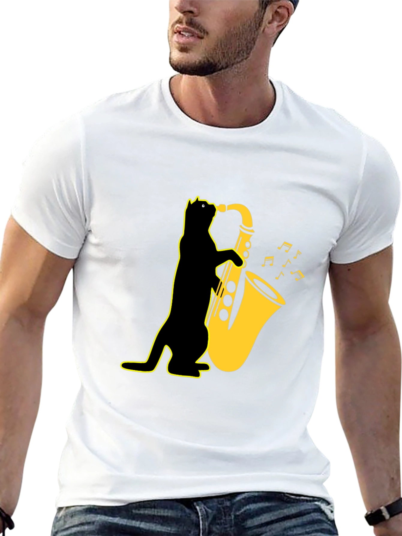 Cool Cat Saxophone T-Shirt - Black Unique Design