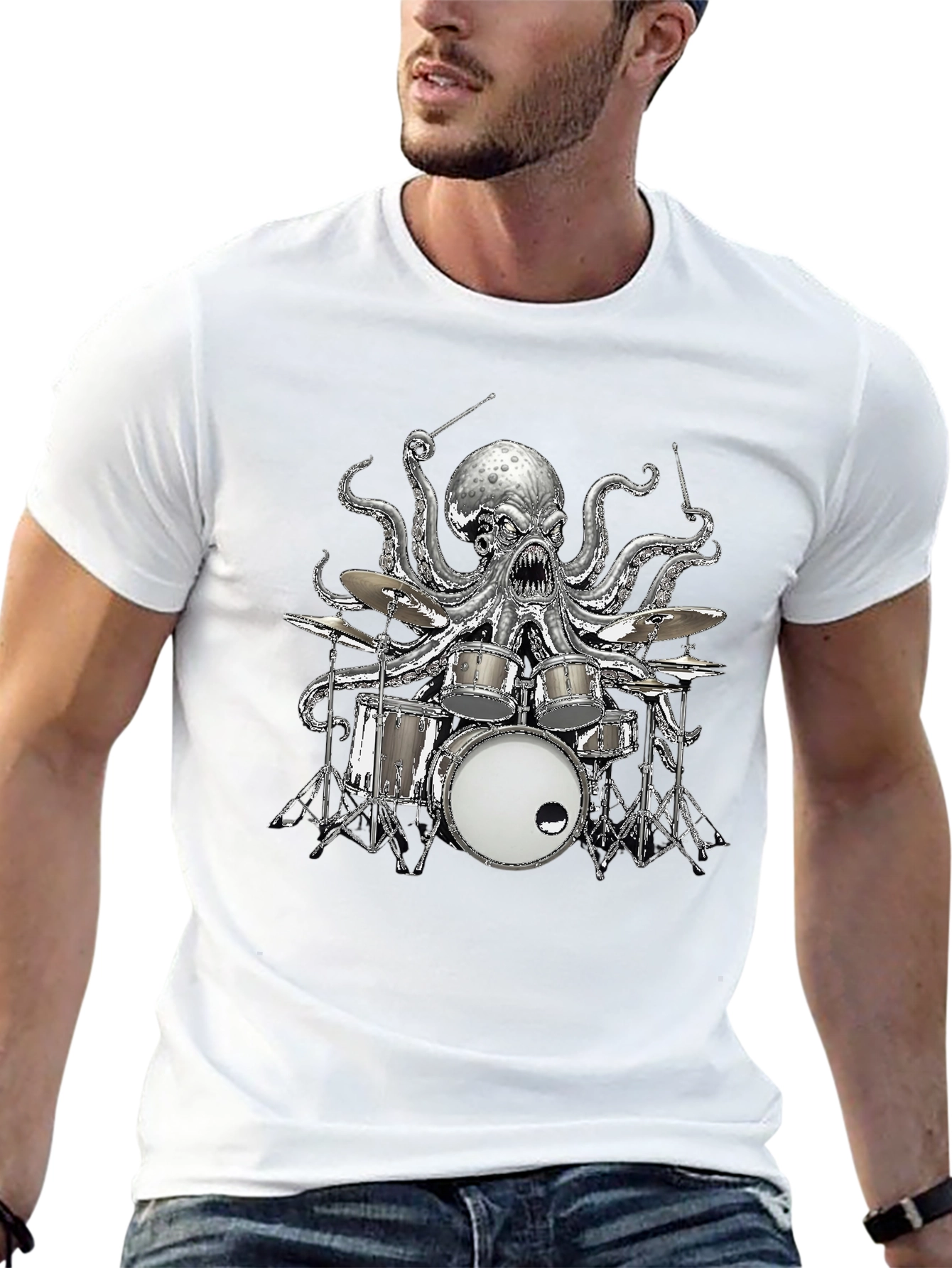 Octopus Drummer Graphic T-Shirt - Black Cotton Tee