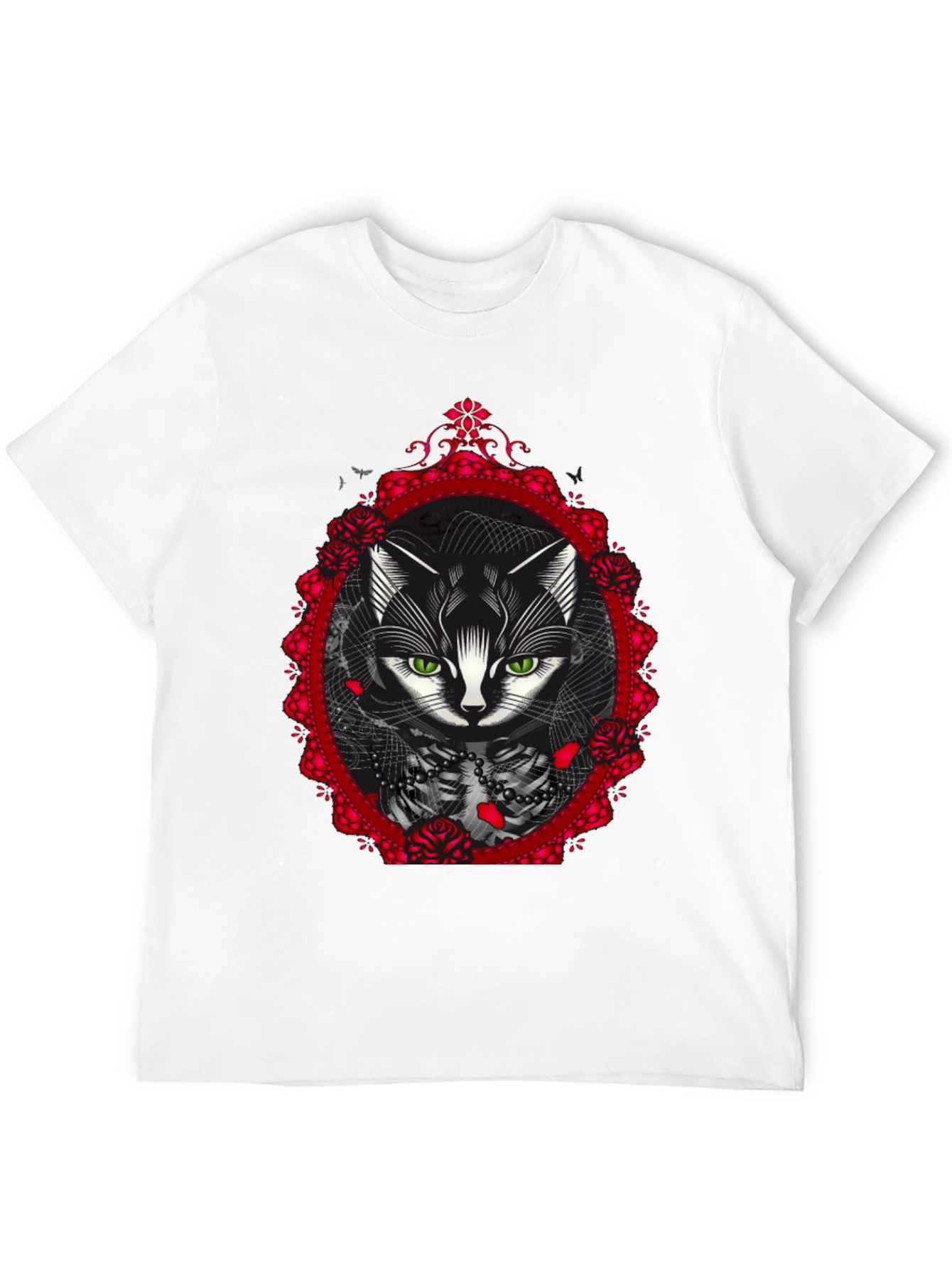 Gothic Cat Rose Frame Black T-Shirt