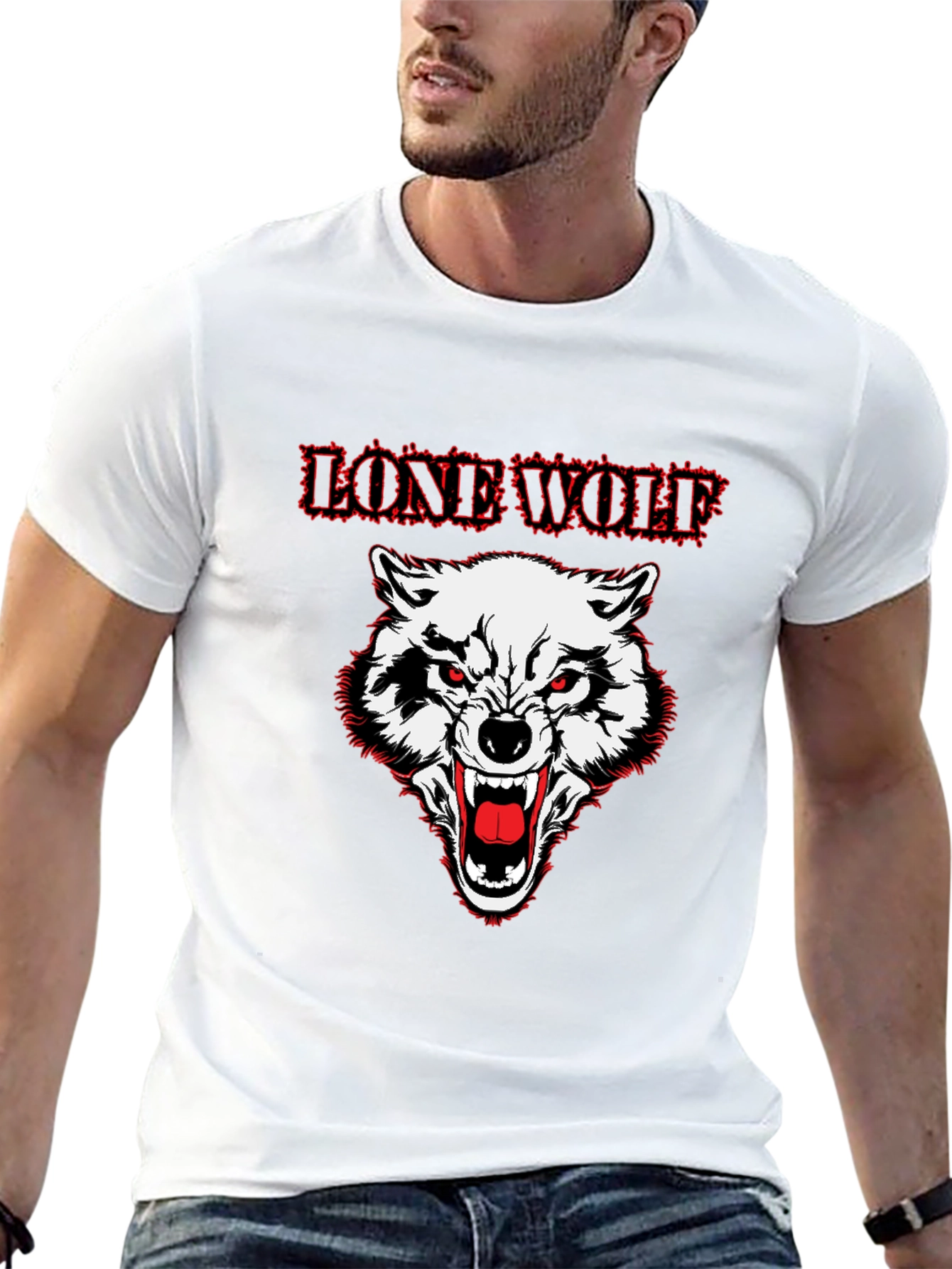 Lone Wolf Graphic Print Crew Neck T-Shirt - Black