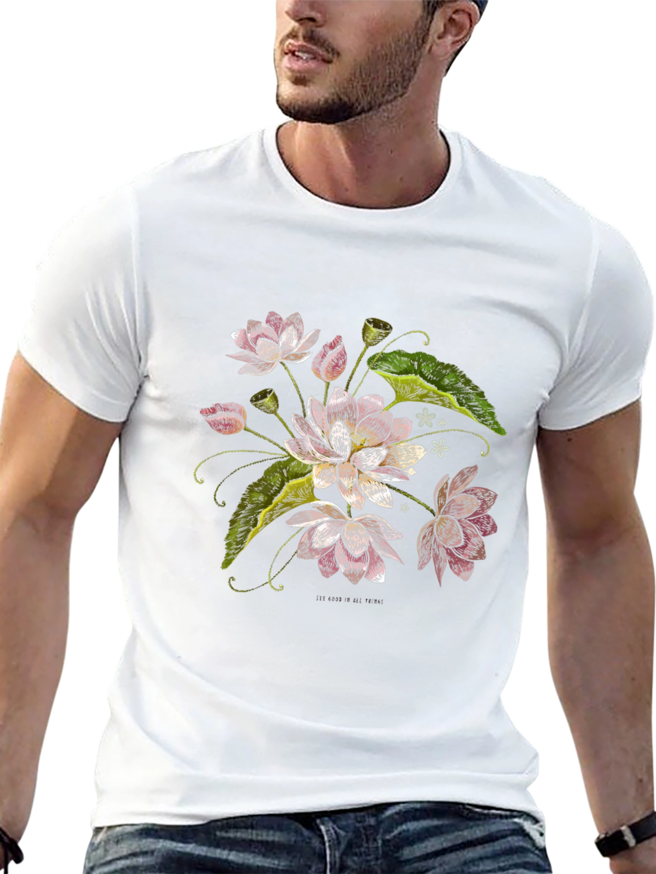 Lotus Flower Print Black T-Shirt