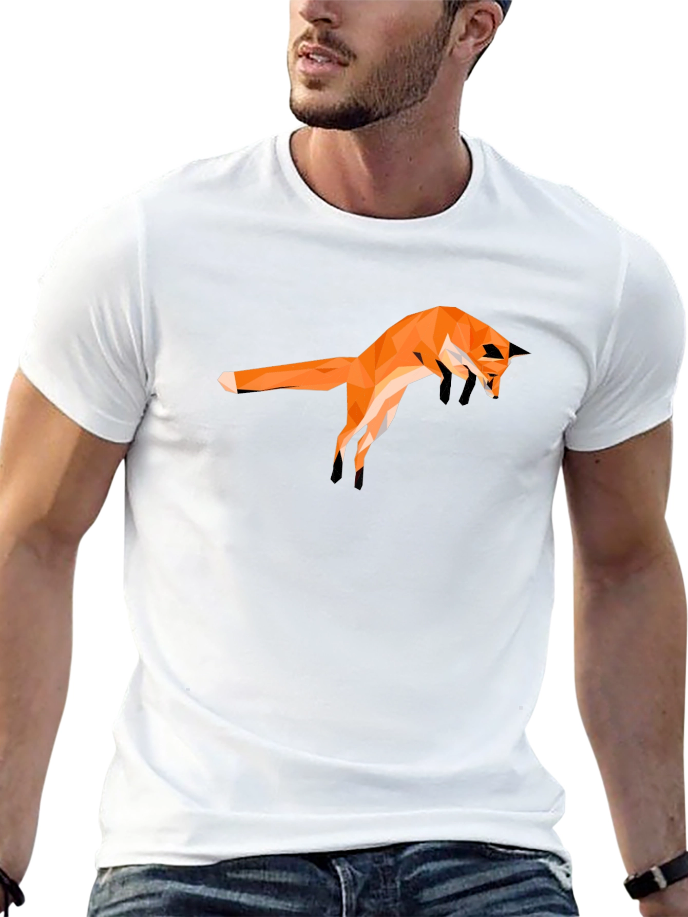 Geometric Fox Graphic Tee - Modern Mens Black T-Shirt