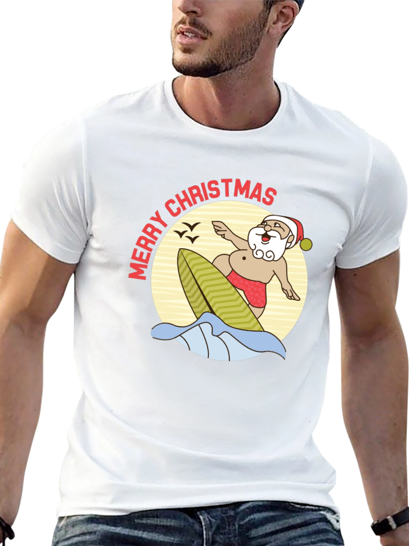 Surfing Santa Merry Christmas Black T-Shirt