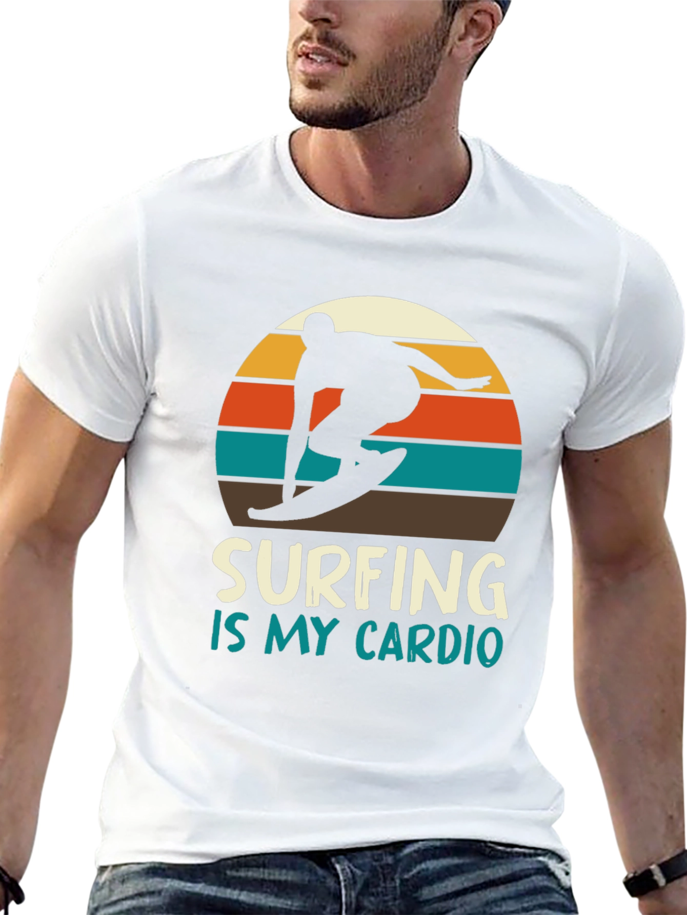 Surfing is My Cardio T-Shirt - Retro Sunset Design