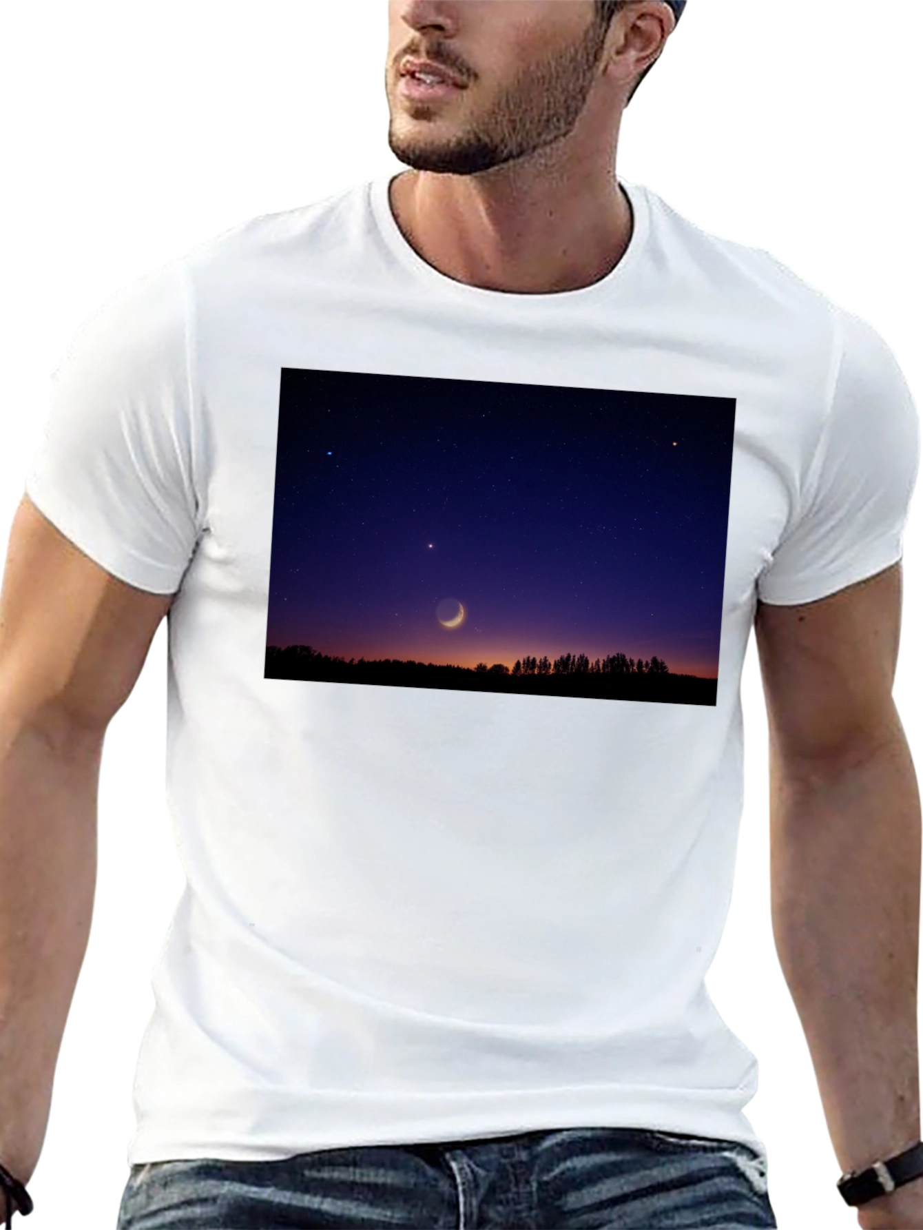 Mens Black T-Shirt with Night Sky Crescent Moon Design