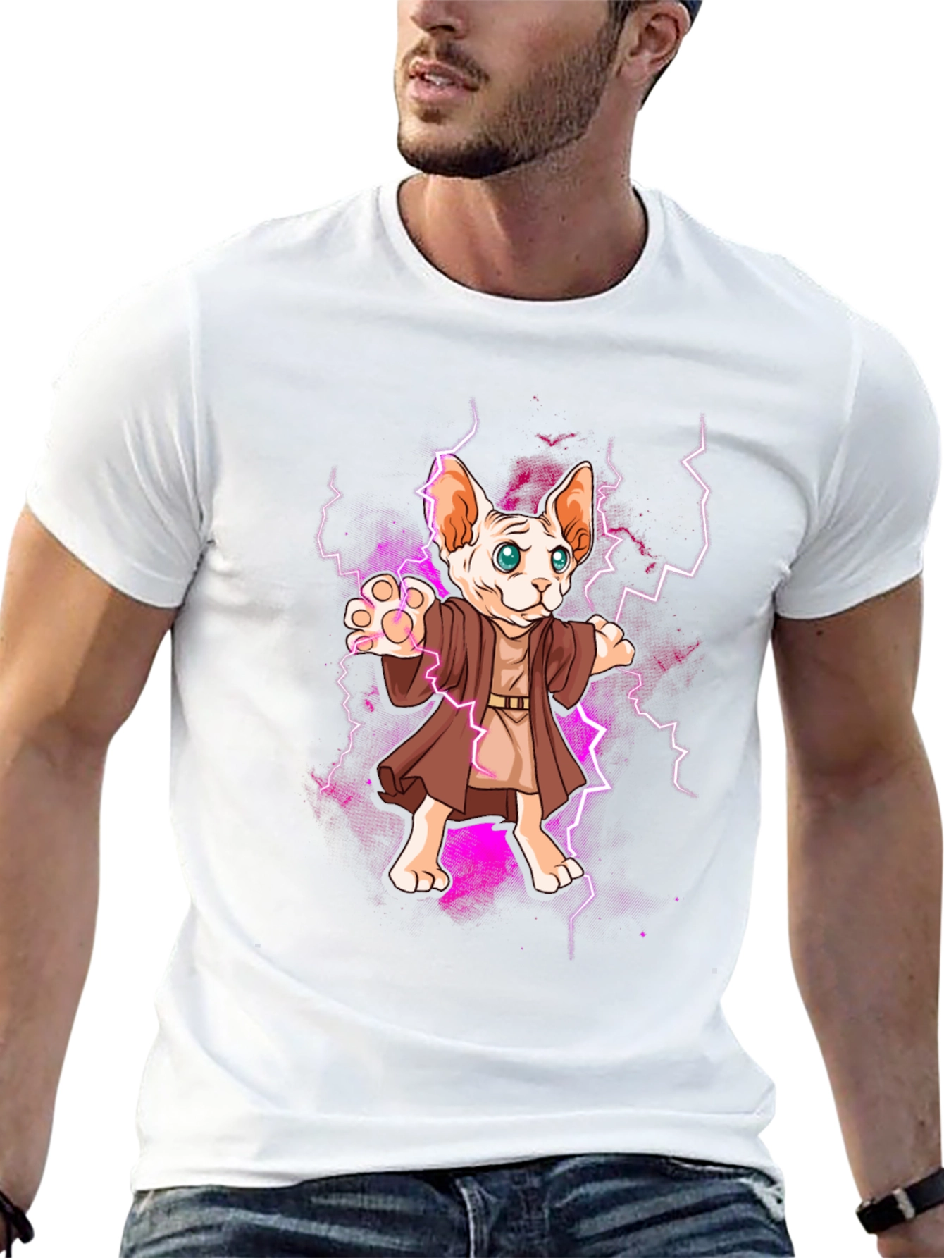 Wizard Cat Graphic Tee - Sphynx Lightning Bolt T-Shirt