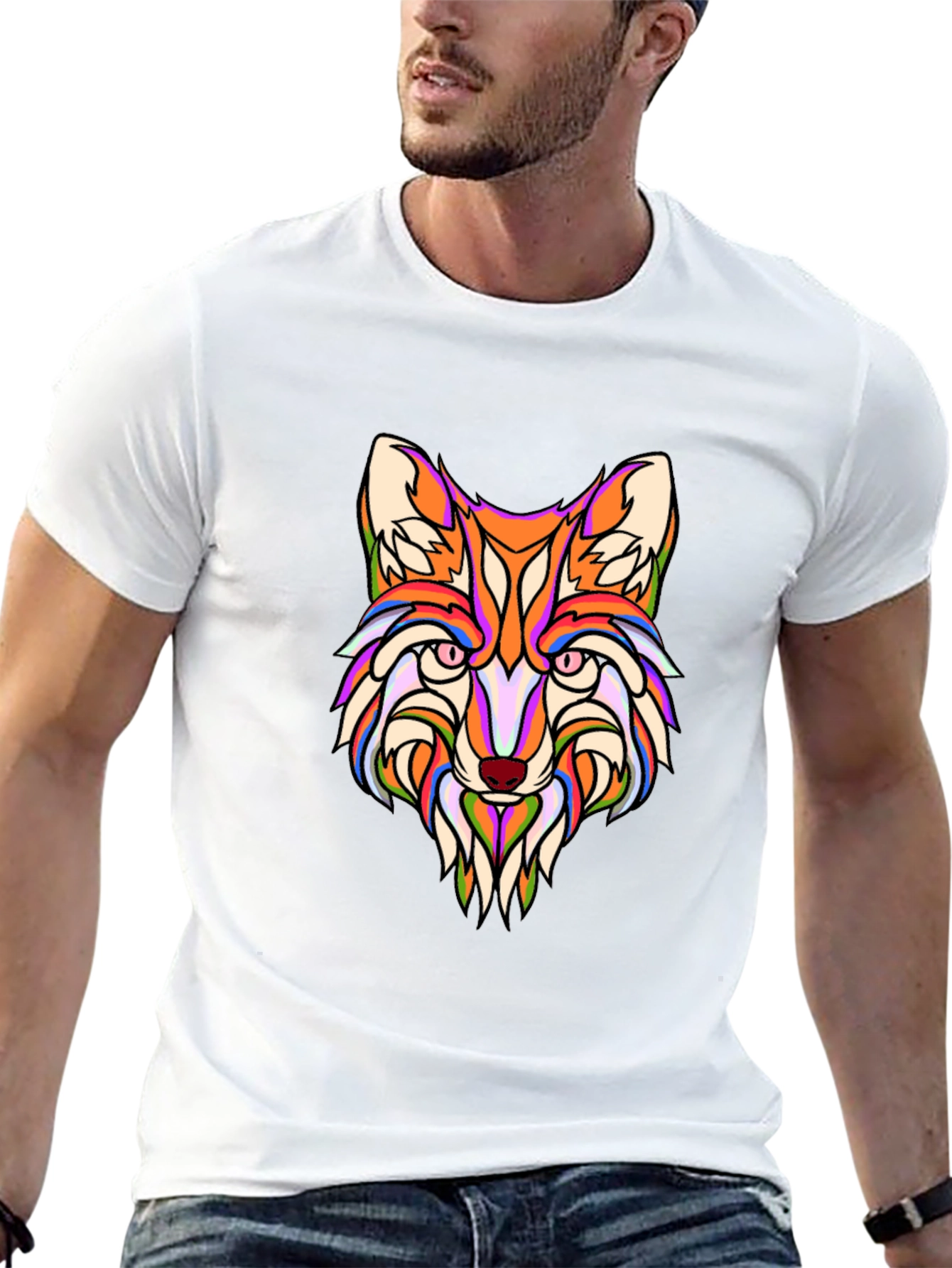 Vibrant Fox Head Graphic Print Black T-Shirt