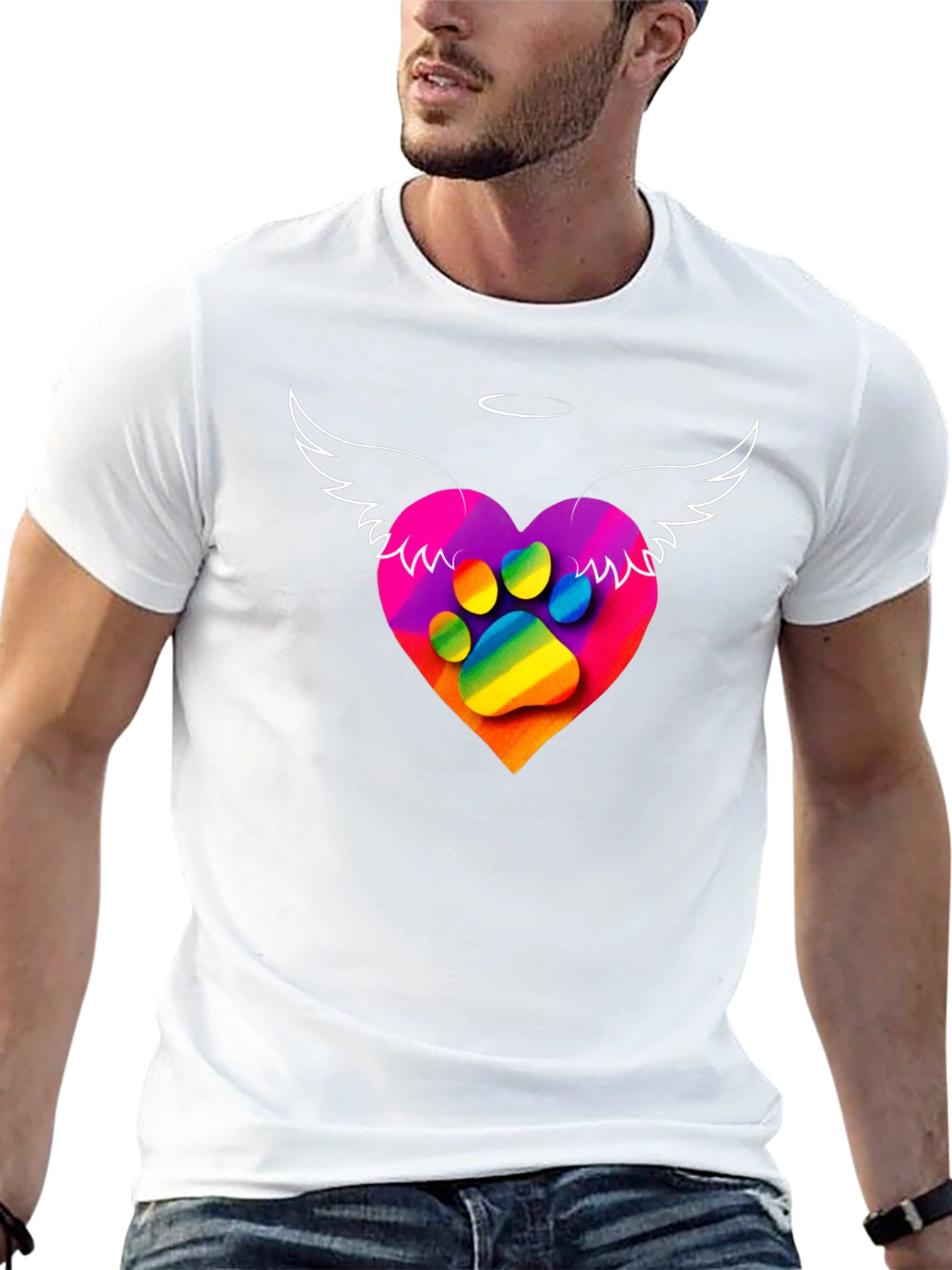 Rainbow Paw Print Heart Angel Wings T-Shirt