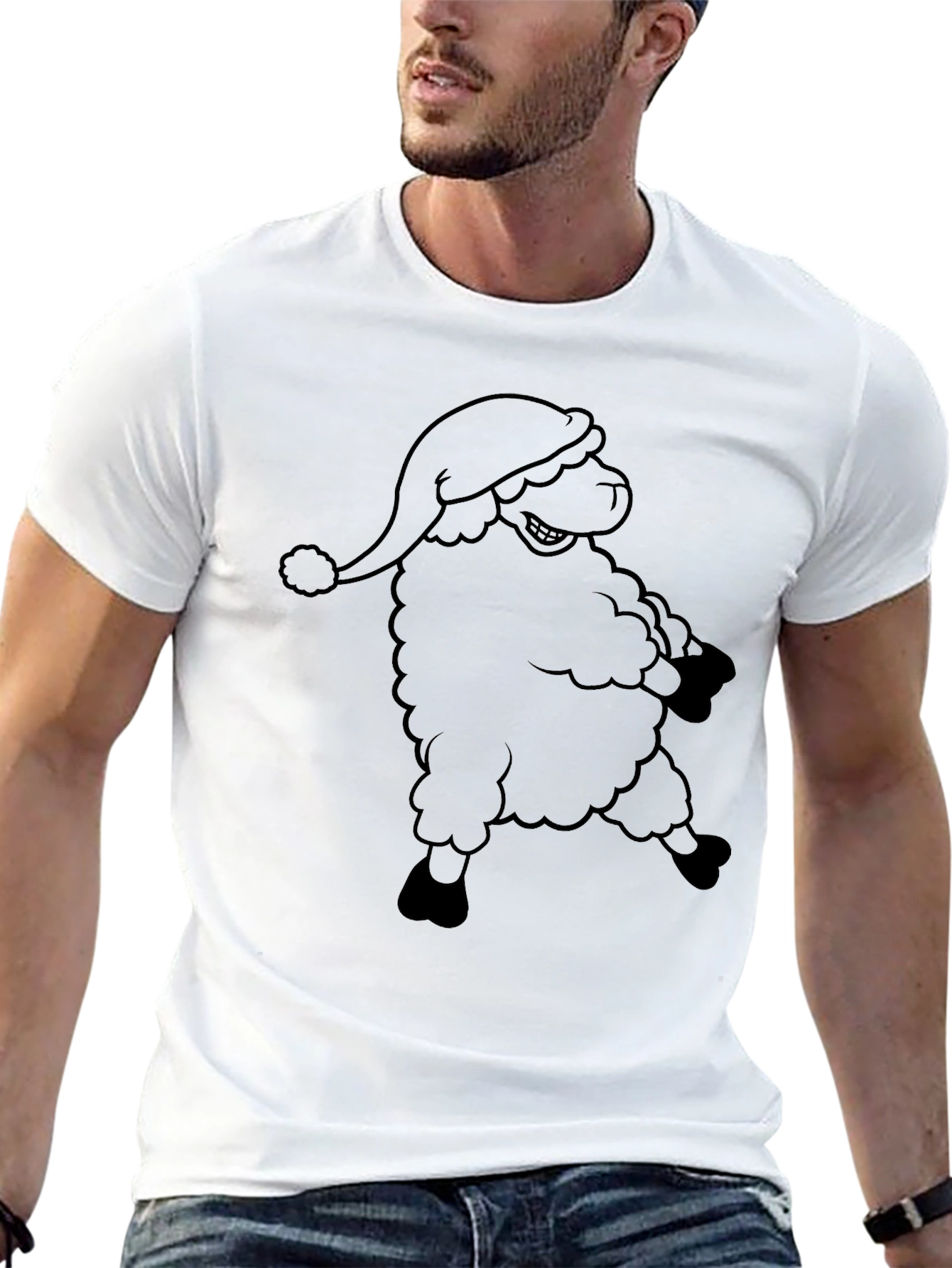 Novelty Santa Sheep Graphic Black T-Shirt