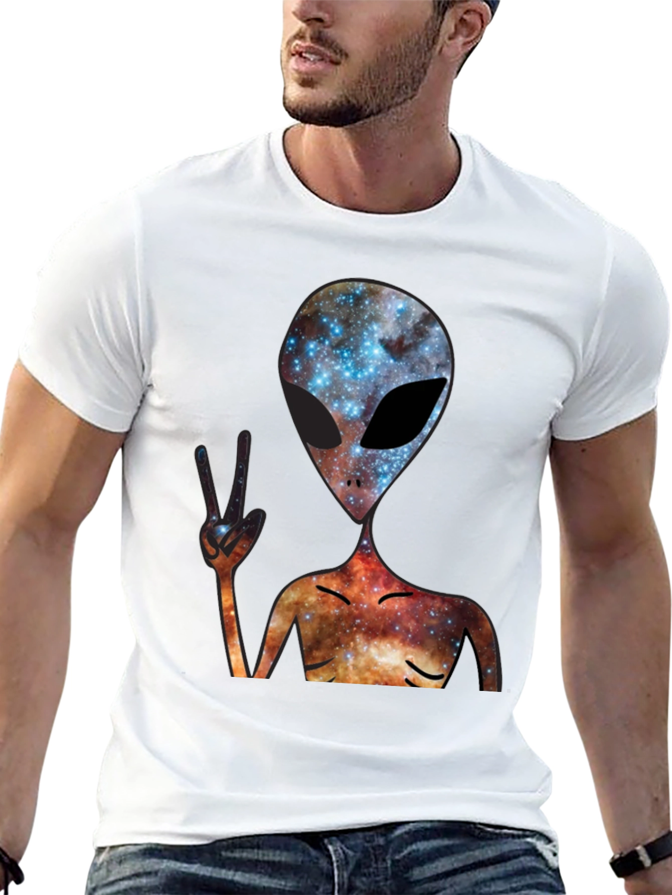 Cosmic Alien Peace Sign Black T-Shirt