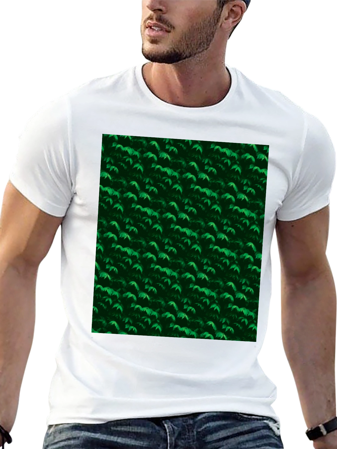 Green Leaves Pattern Black T-Shirt