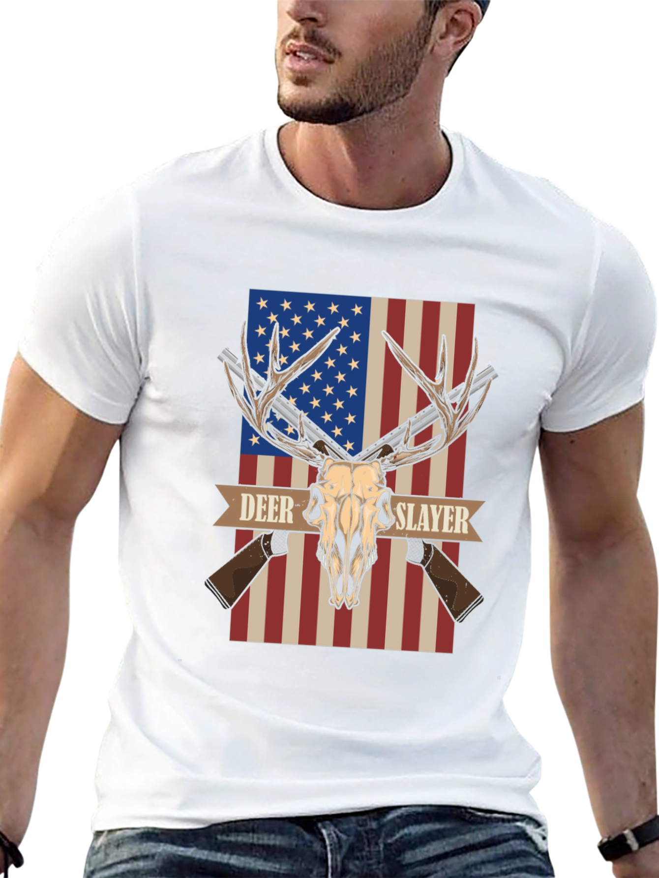 Deer Slayer Graphic T-Shirt - American Flag Hunting Tee