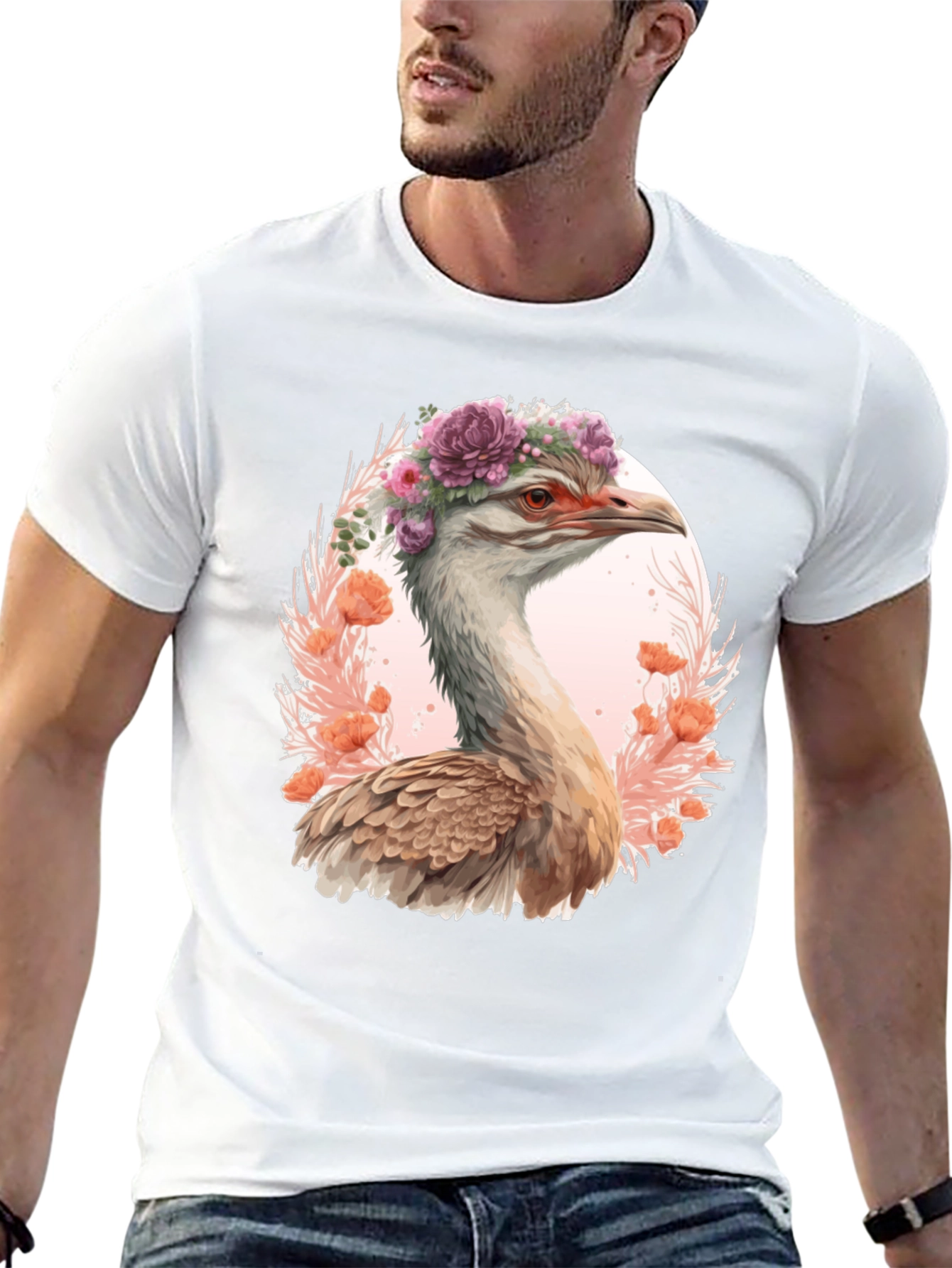 Floral Ostrich Graphic T-Shirt - Unique Bird Tee
