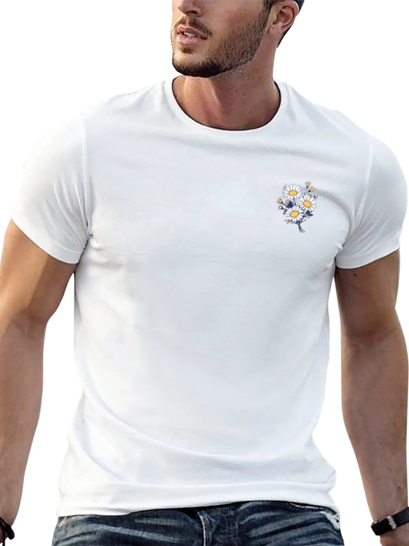 Black T-Shirt with Daisy Bouquet Design
