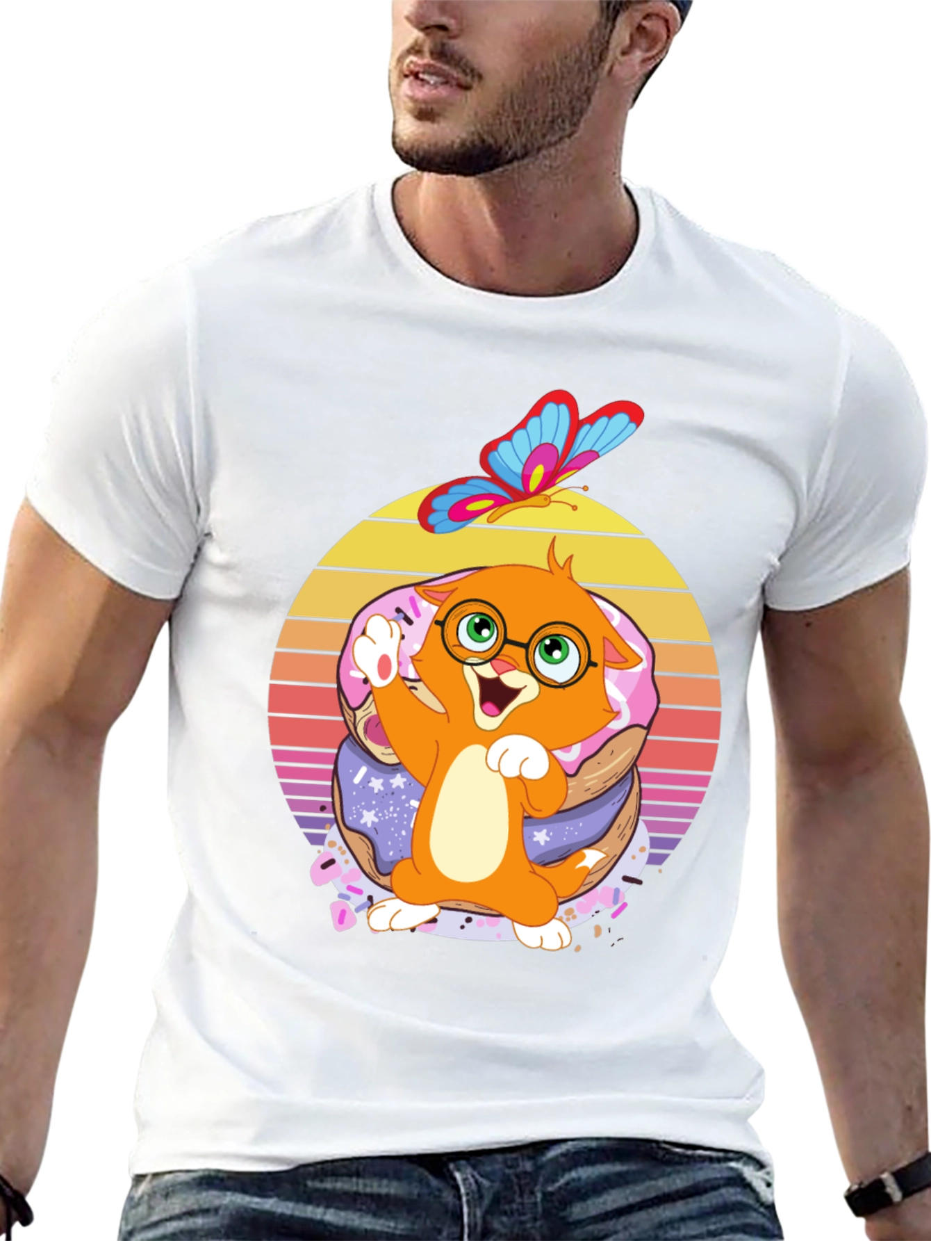 Cute Cartoon Cat on Donuts T-Shirt