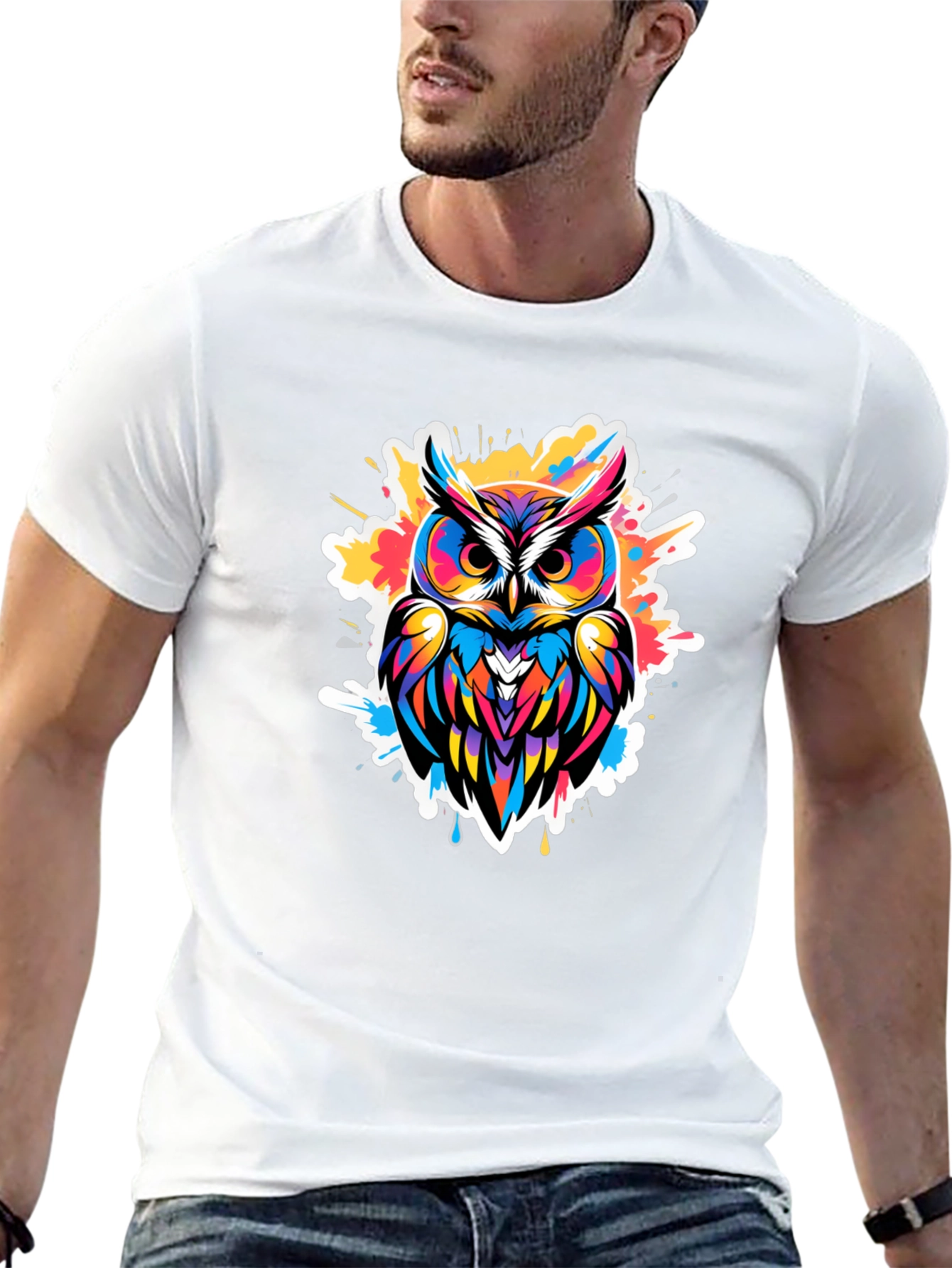 Vibrant Owl Graphic Tee - Black Cotton Blend