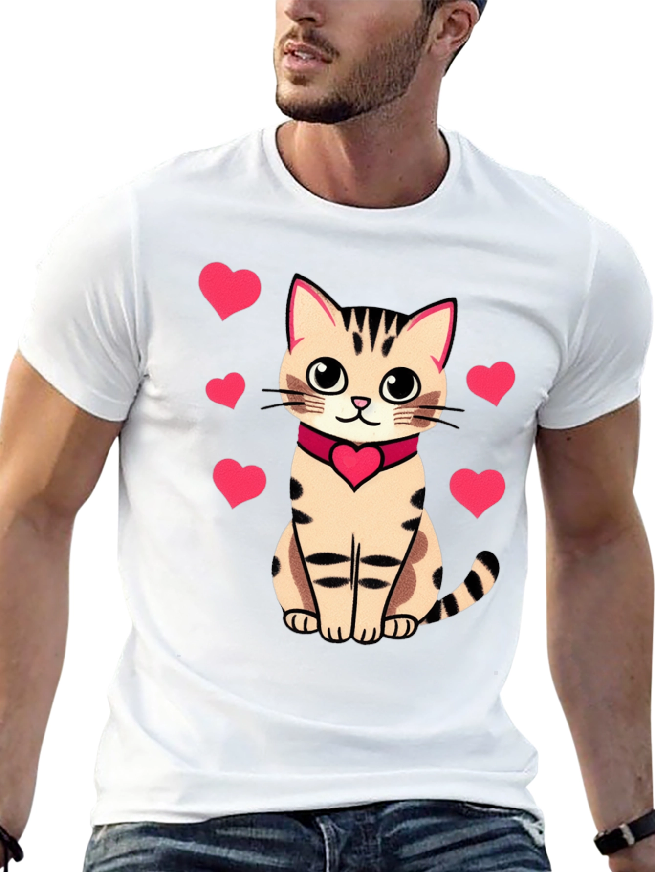 Cute Cat with Hearts Graphic Tee - Black