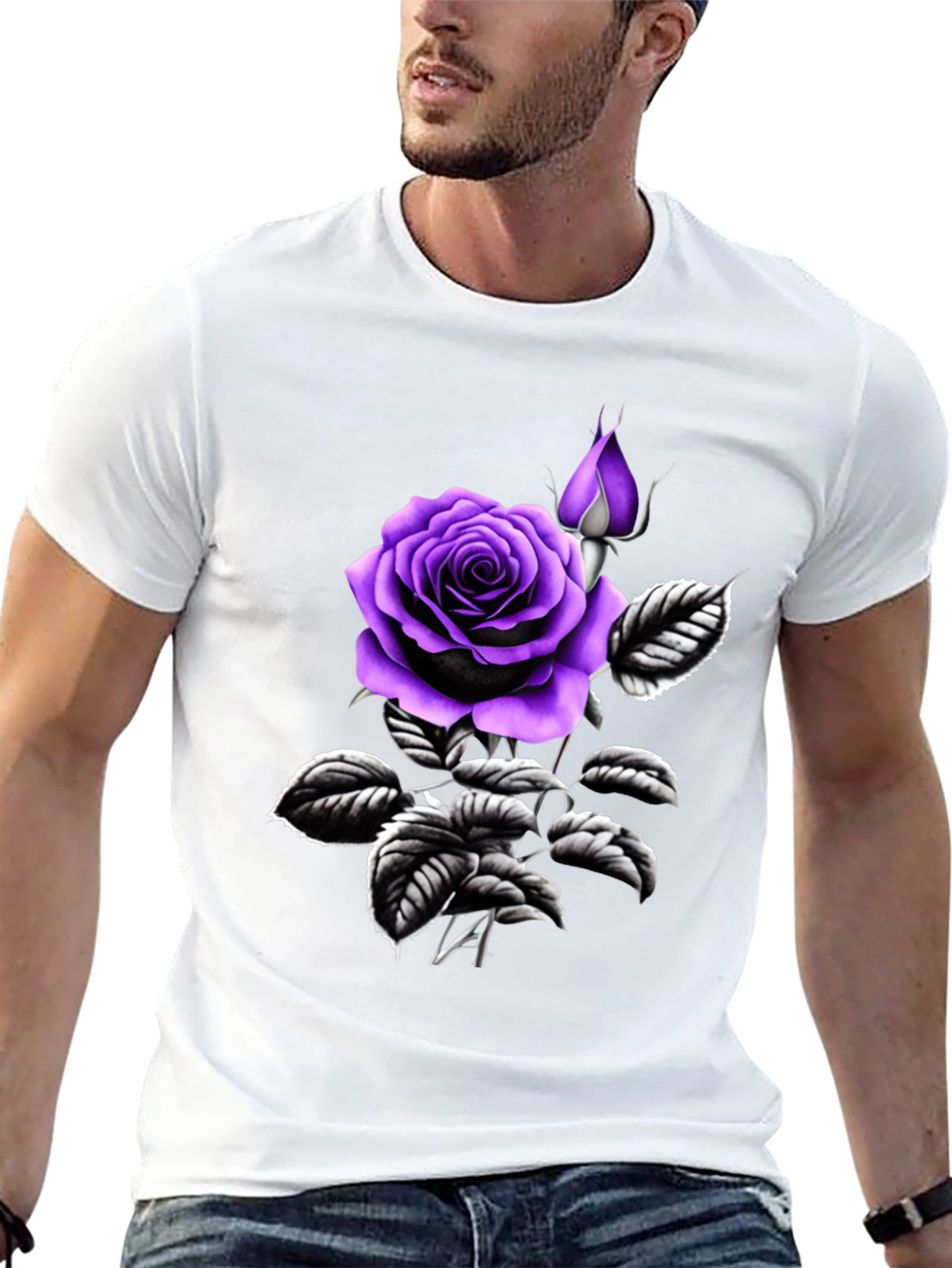 Black T-Shirt with Purple Rose Graphic