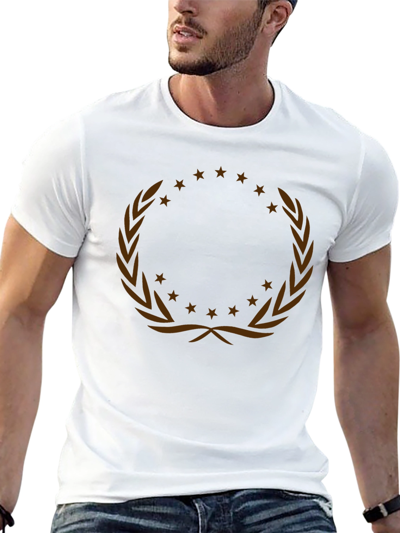 Graphic Tee with Laurel Wreath and Stars Design