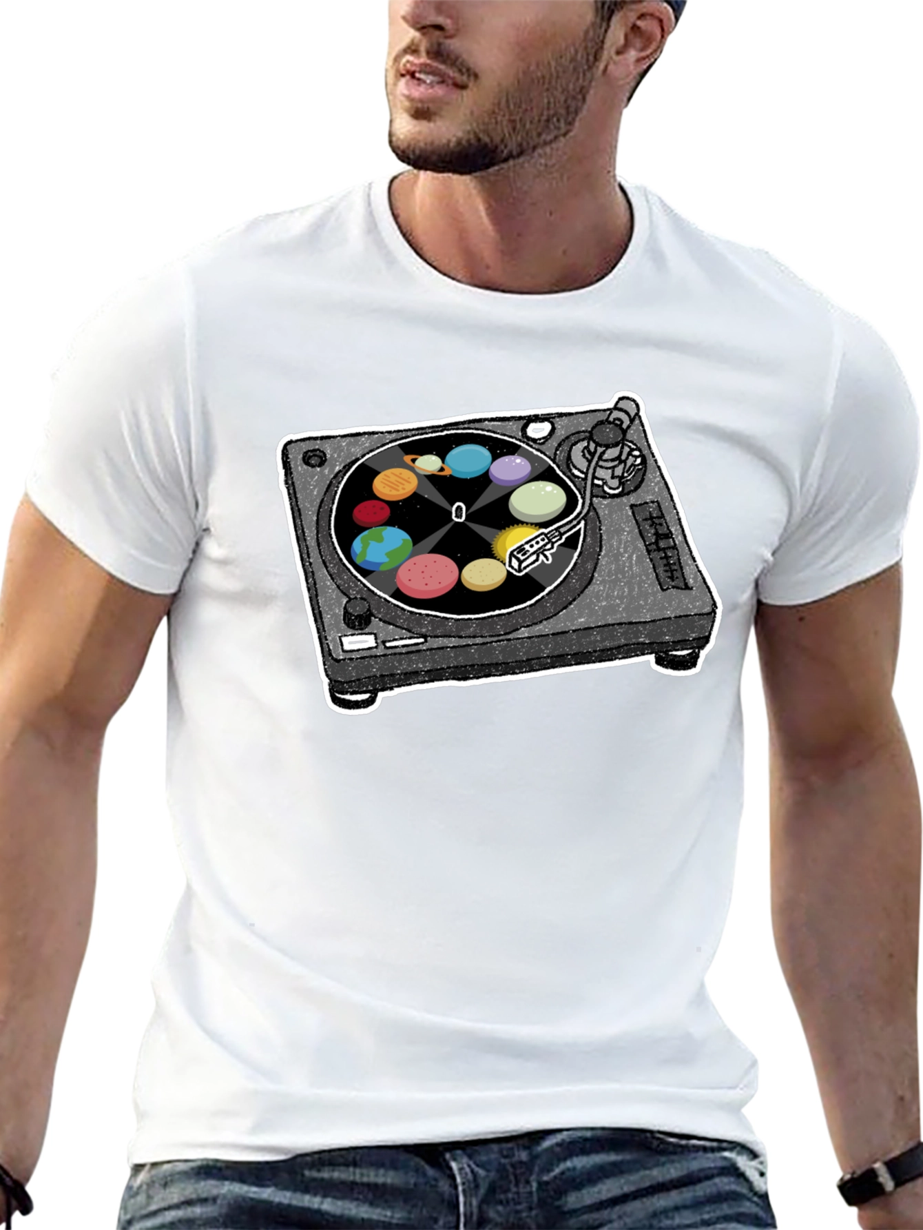 Planets Turntable Graphic Tee - Space Music Lover Shirt