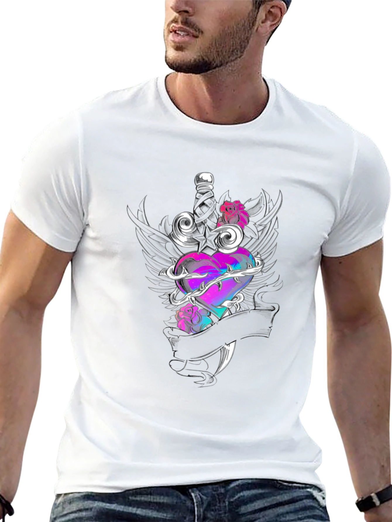 Edgy Heart & Dagger Graphic Tee - Black