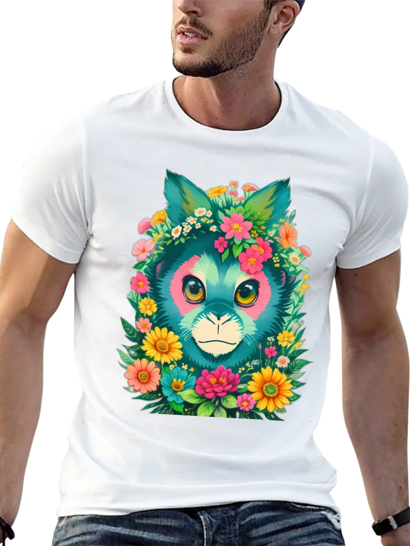 Floral Feline Graphic Tee - Black Cotton T-Shirt