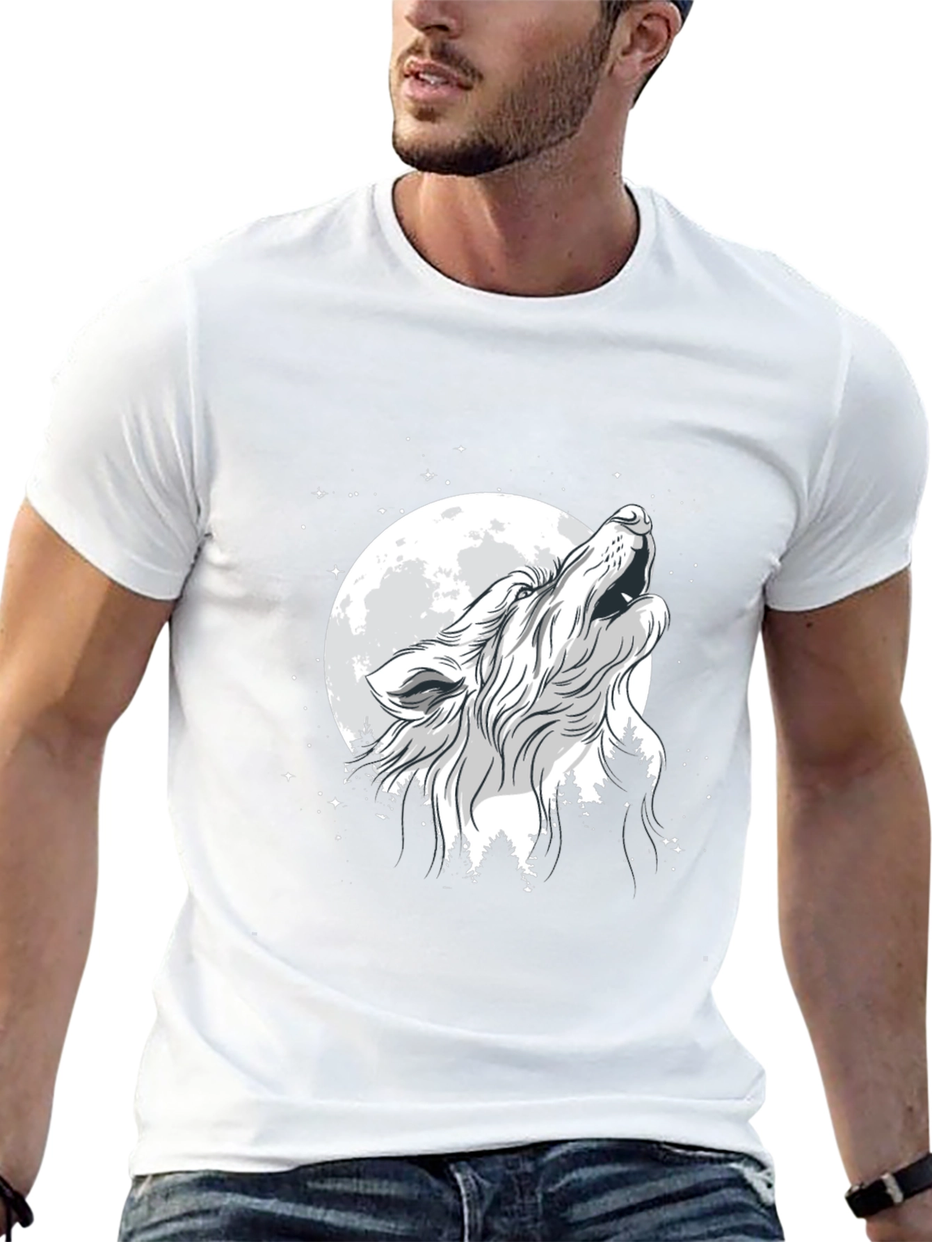 Wolf Howling at Moon Graphic Black T-Shirt
