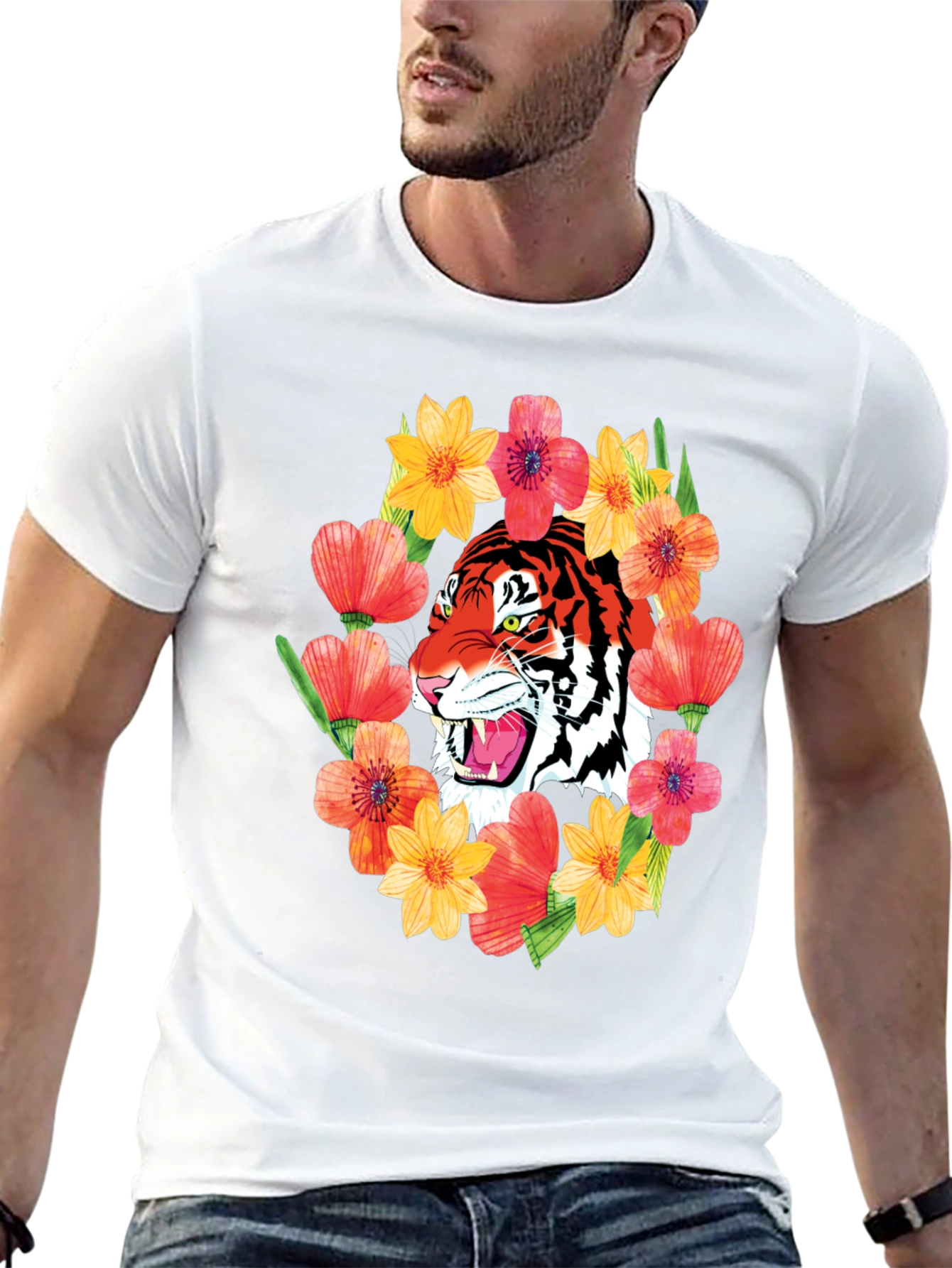 Tiger & Floral Graphic Print T-Shirt
