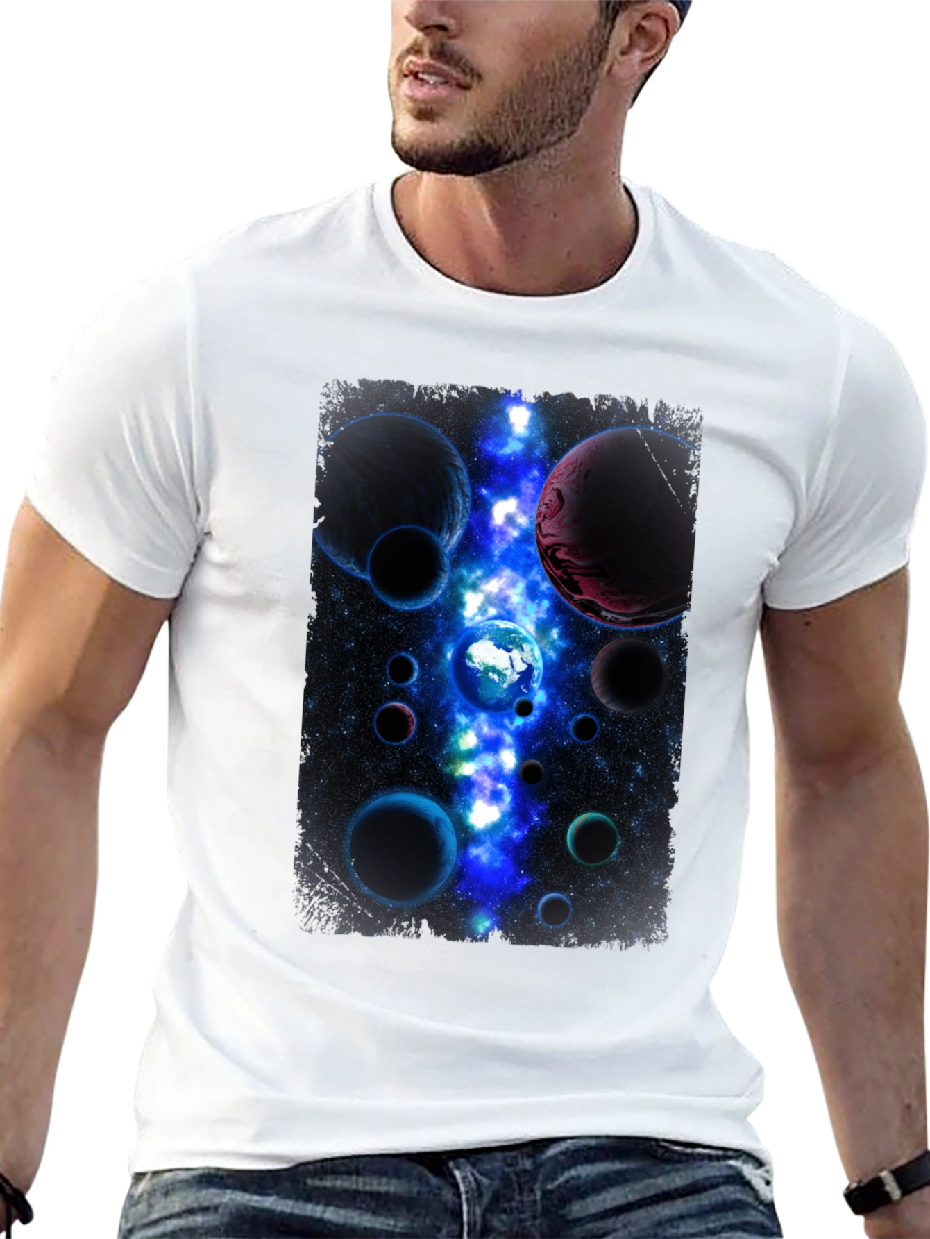 Cosmic Planets Graphic Print Black T-Shirt