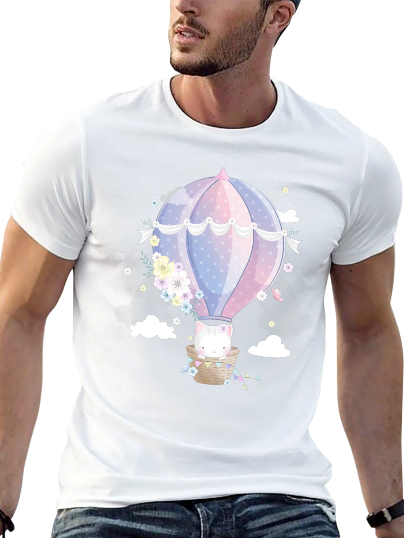 Cute Cat Hot Air Balloon Graphic Tee