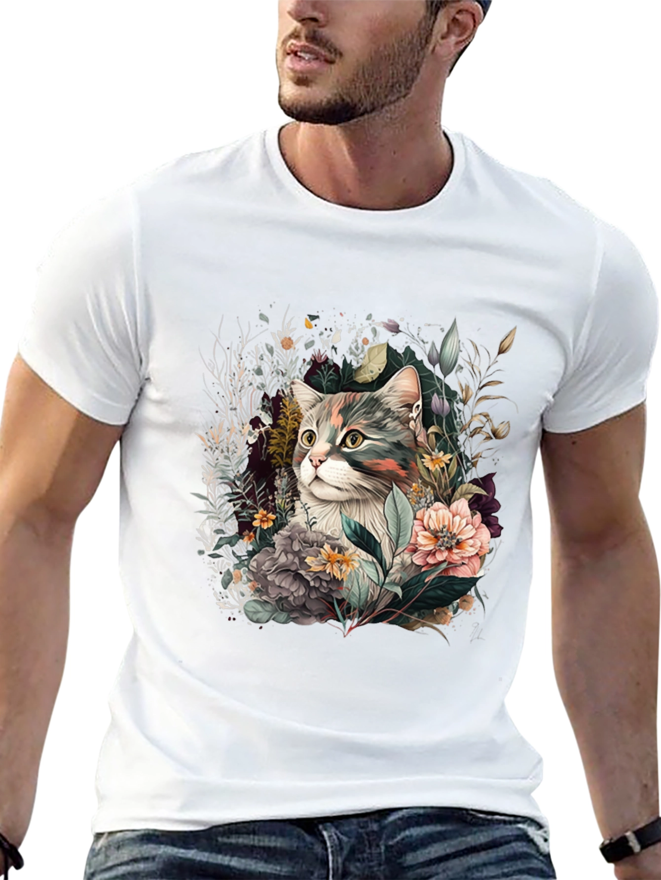 Floral Cat Graphic Tee - Unique Unisex Style