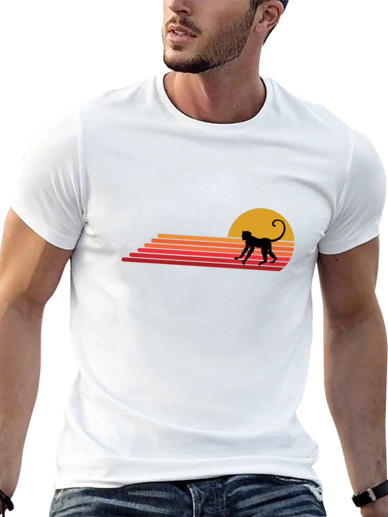 Retro Monkey Sunset Graphic Tee - Casual Black T-Shirt