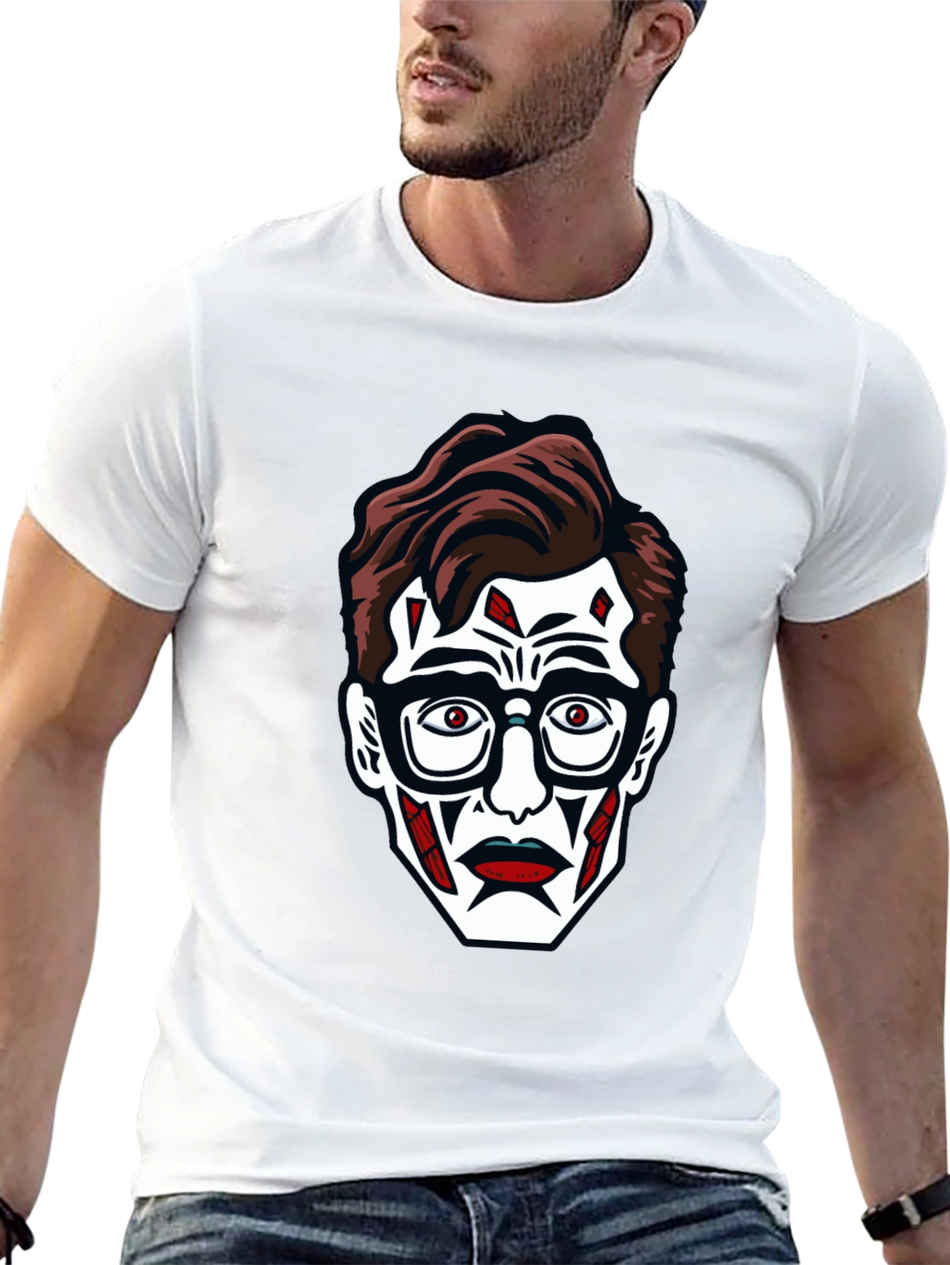 Graphic Tee: Creepy Face Print Black T-Shirt