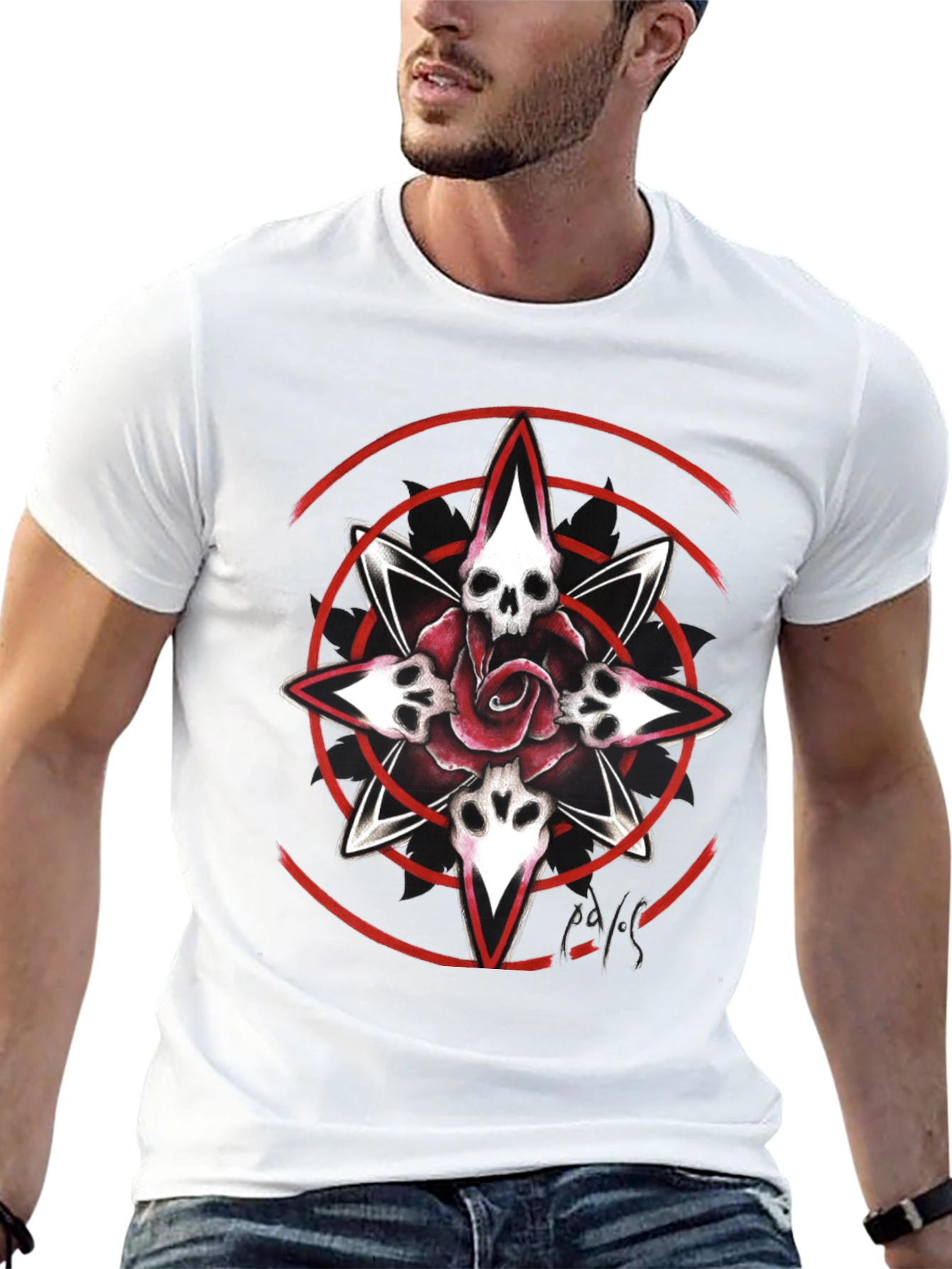 Skull Rose Graphic Print Tee - Black
