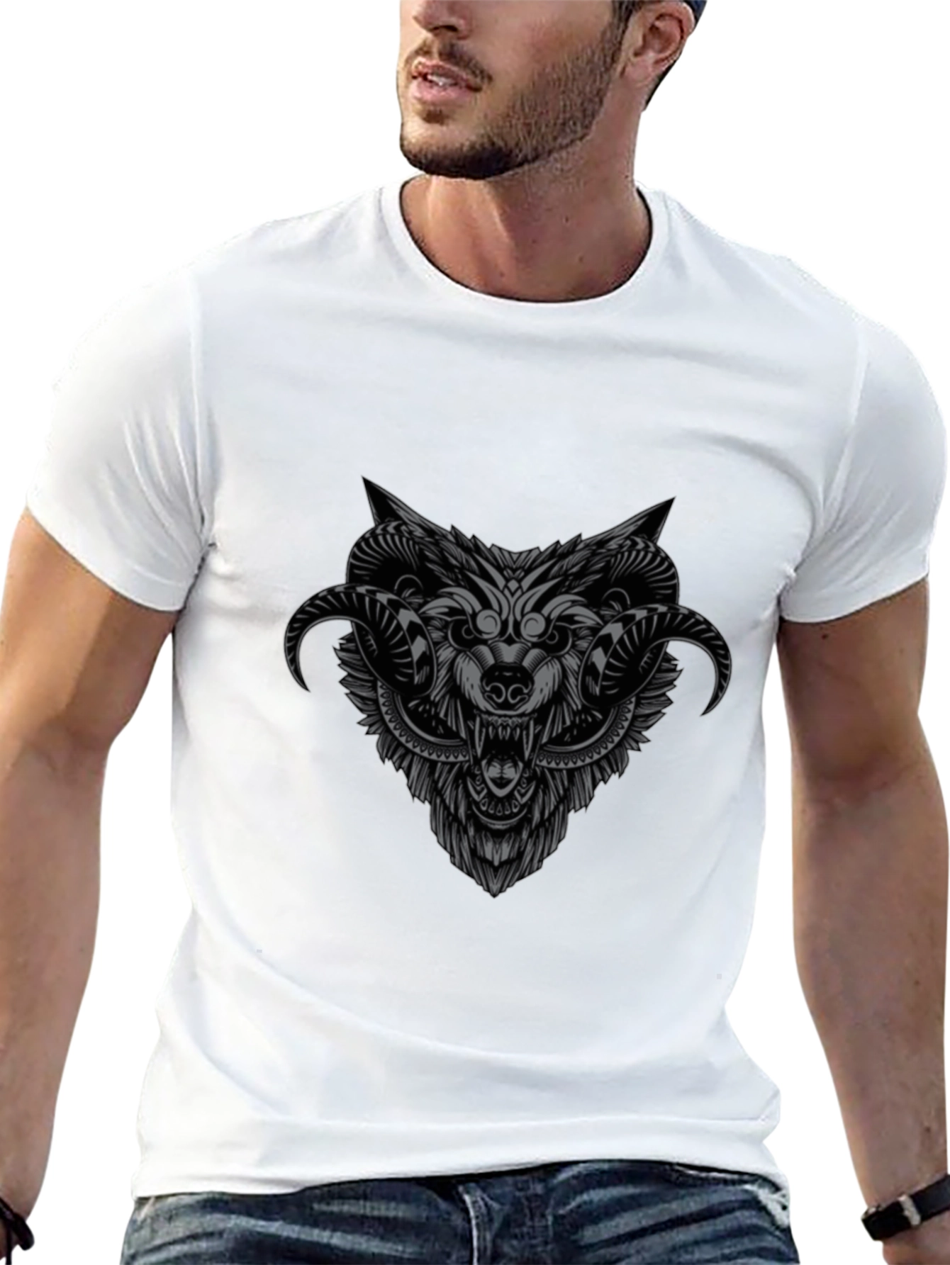 Wolf Head Graphic Print Black T-Shirt