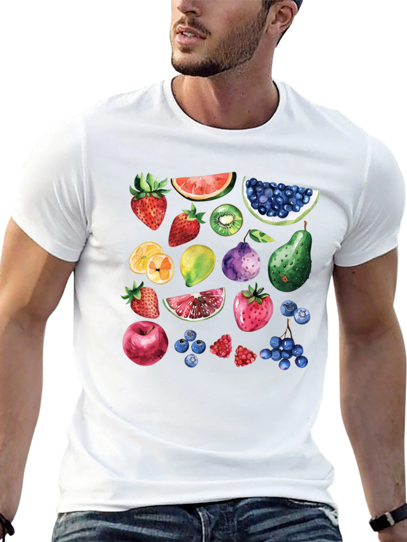 Whimsical Fruit Print Black T-Shirt