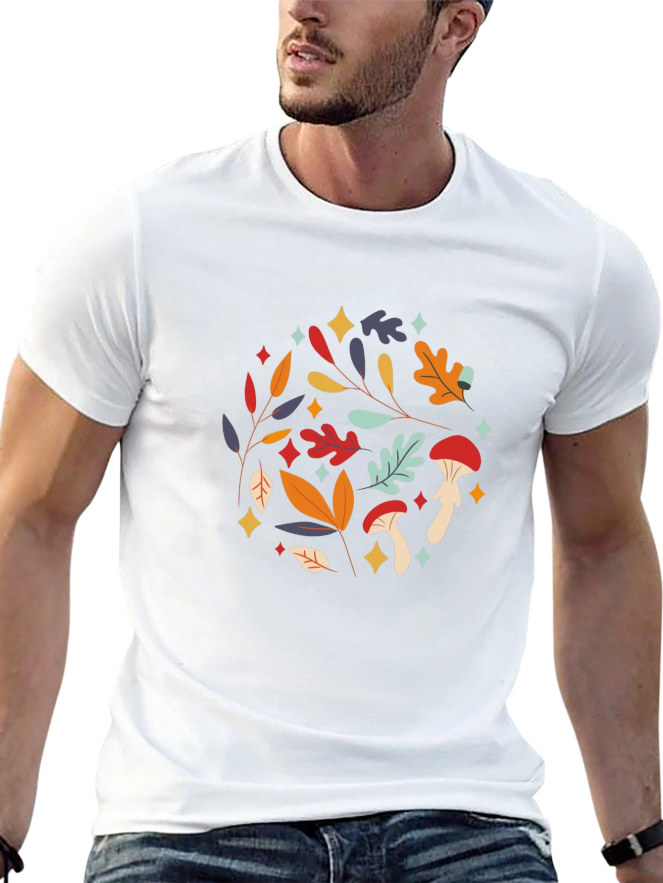 Autumnal Mushroom & Leaf Graphic Tee - Black