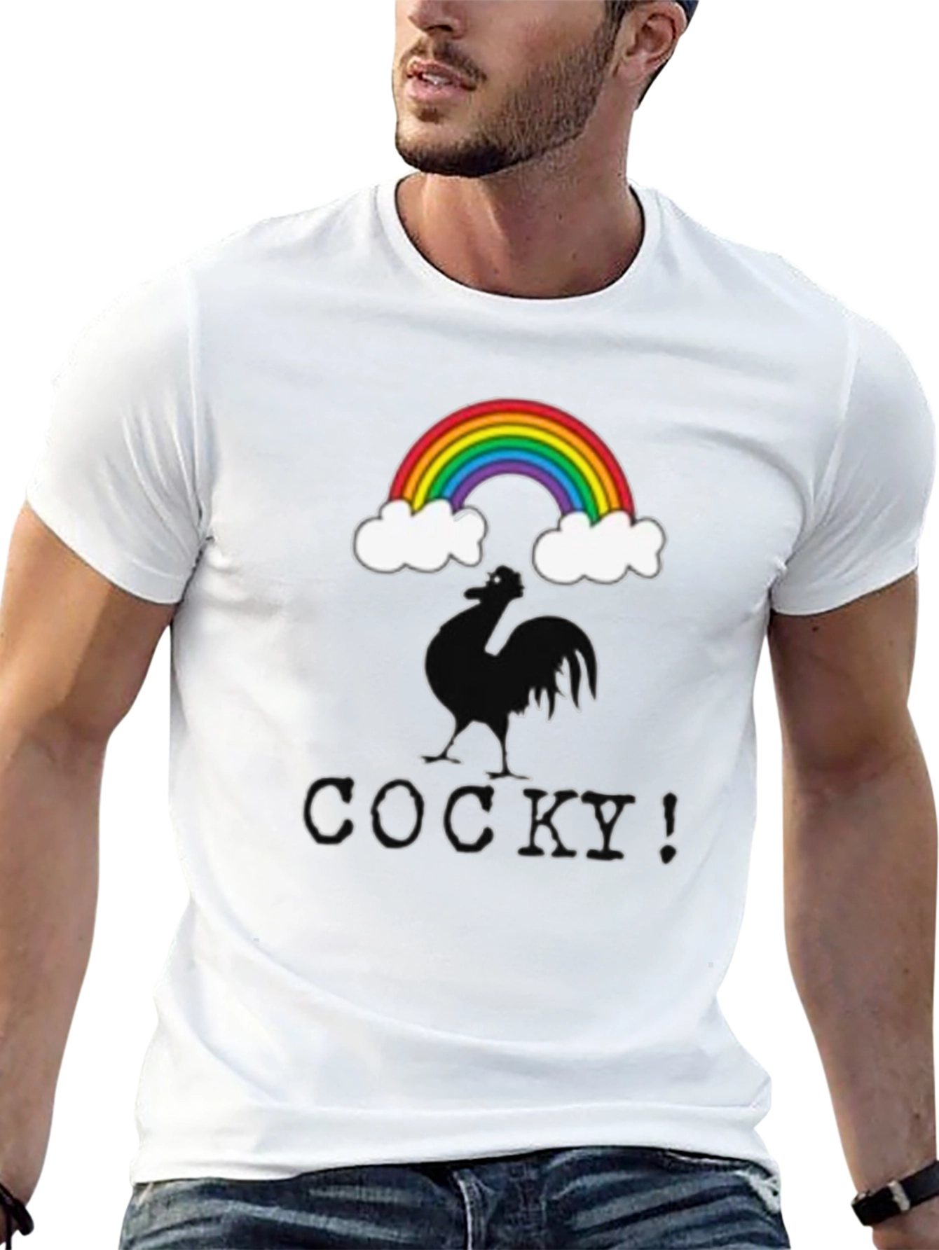 Cocky Graphic T-Shirt - Rainbow Rooster Design