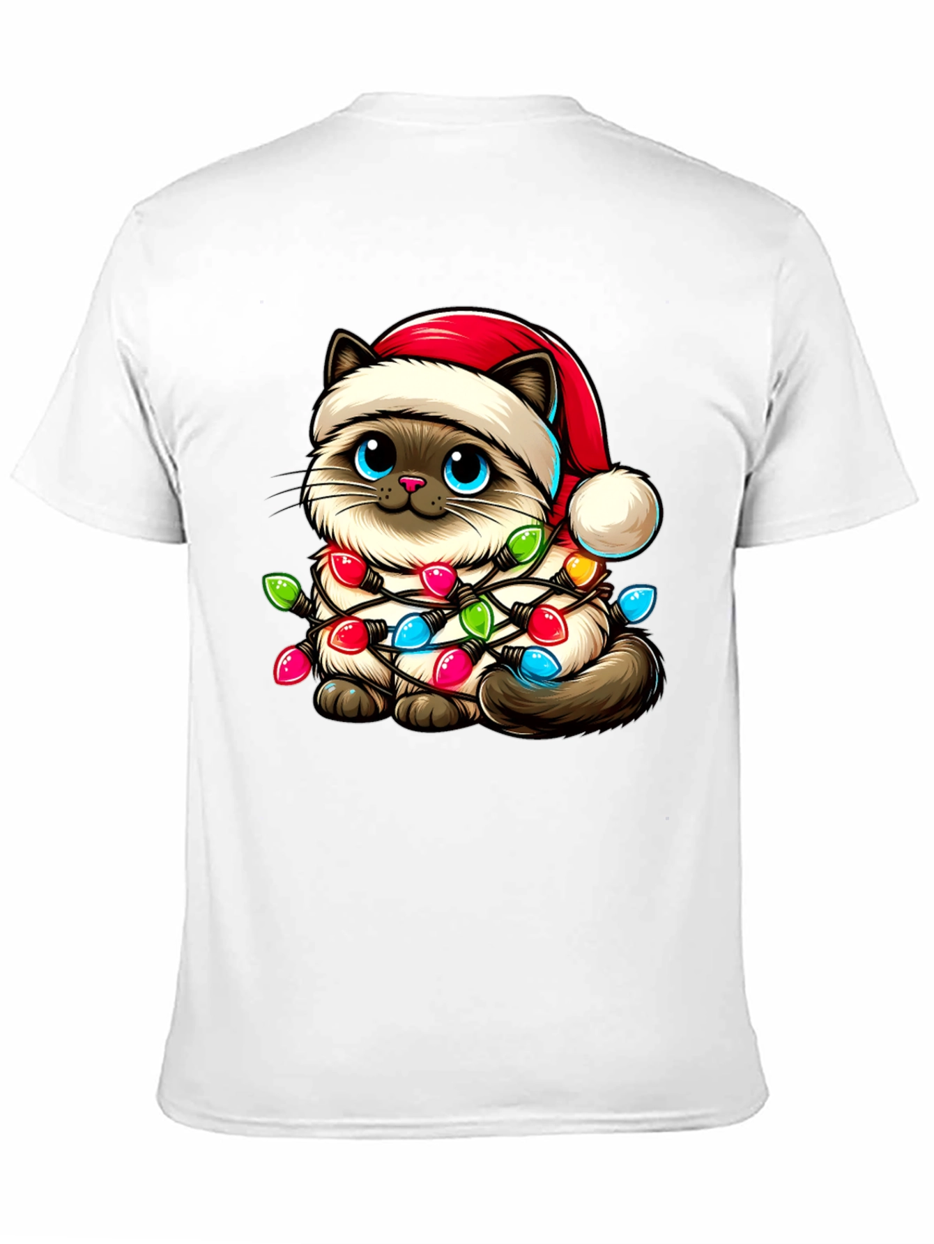 Festive Cat T-Shirt - Christmas Lights & Santa Hat