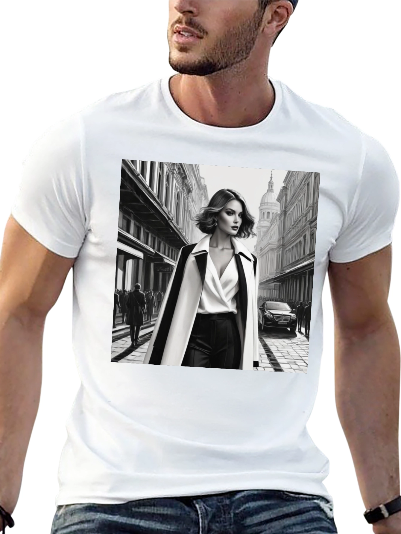Stylish Black T-Shirt with Fashion Illustration