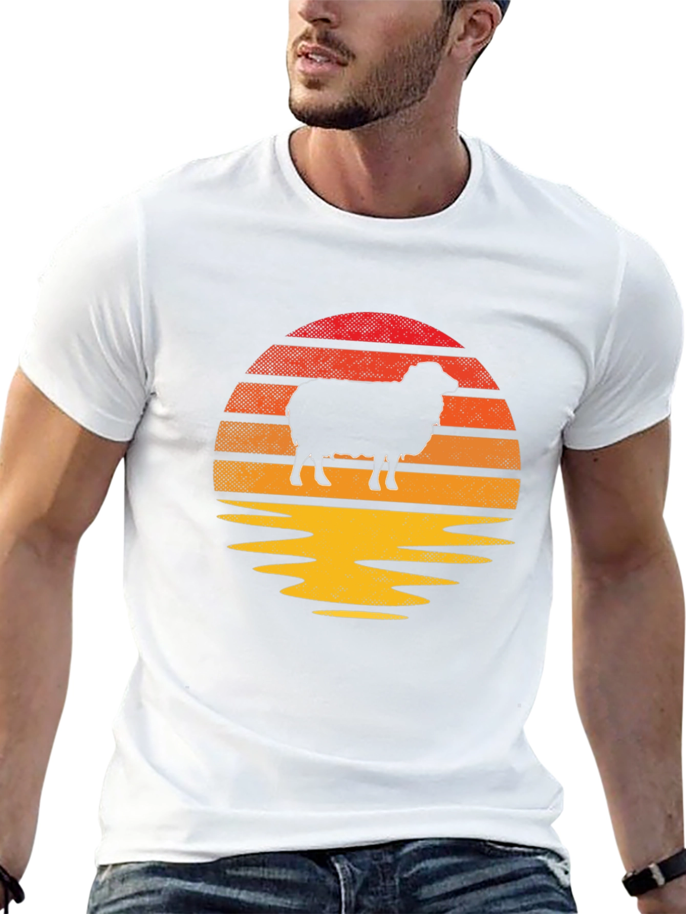 Retro Sheep Sunset Graphic Tee - Black Cotton Blend