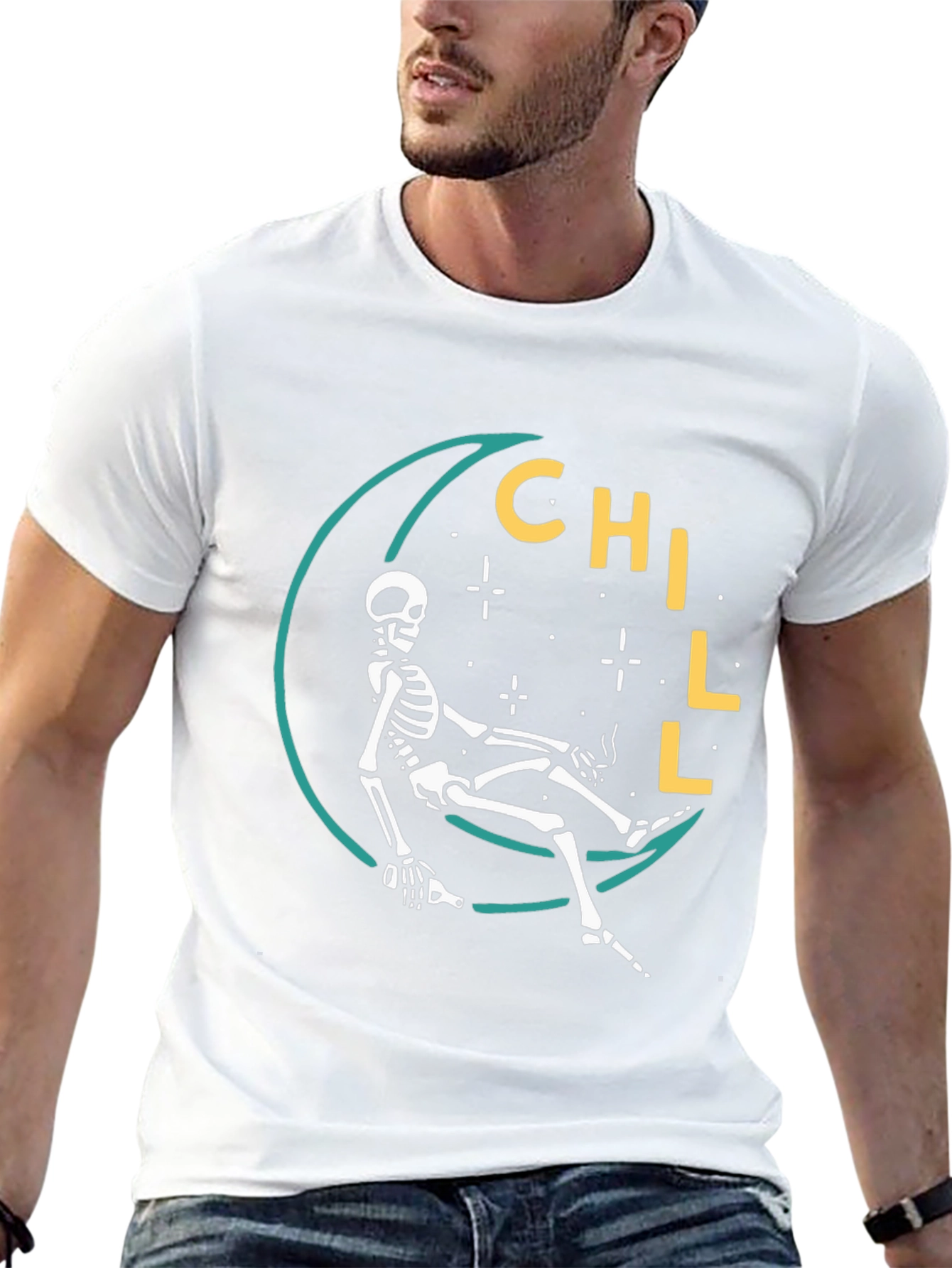 Chill Skeleton Moon Graphic Tee - Relaxed Fit